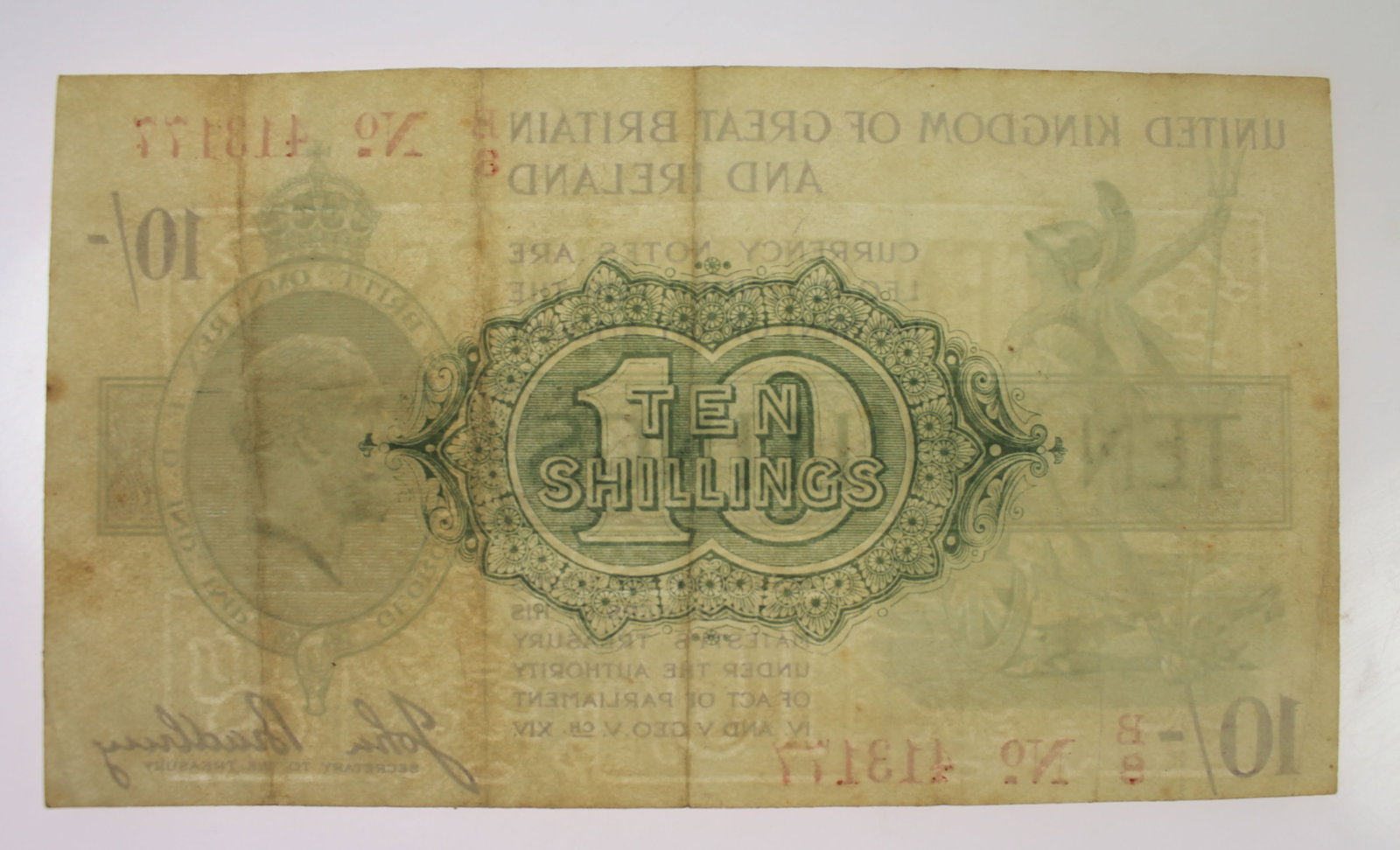 Great Britain 'Bradbury' Red Serial 10/- (Dec 1918), about Very Fine - 2