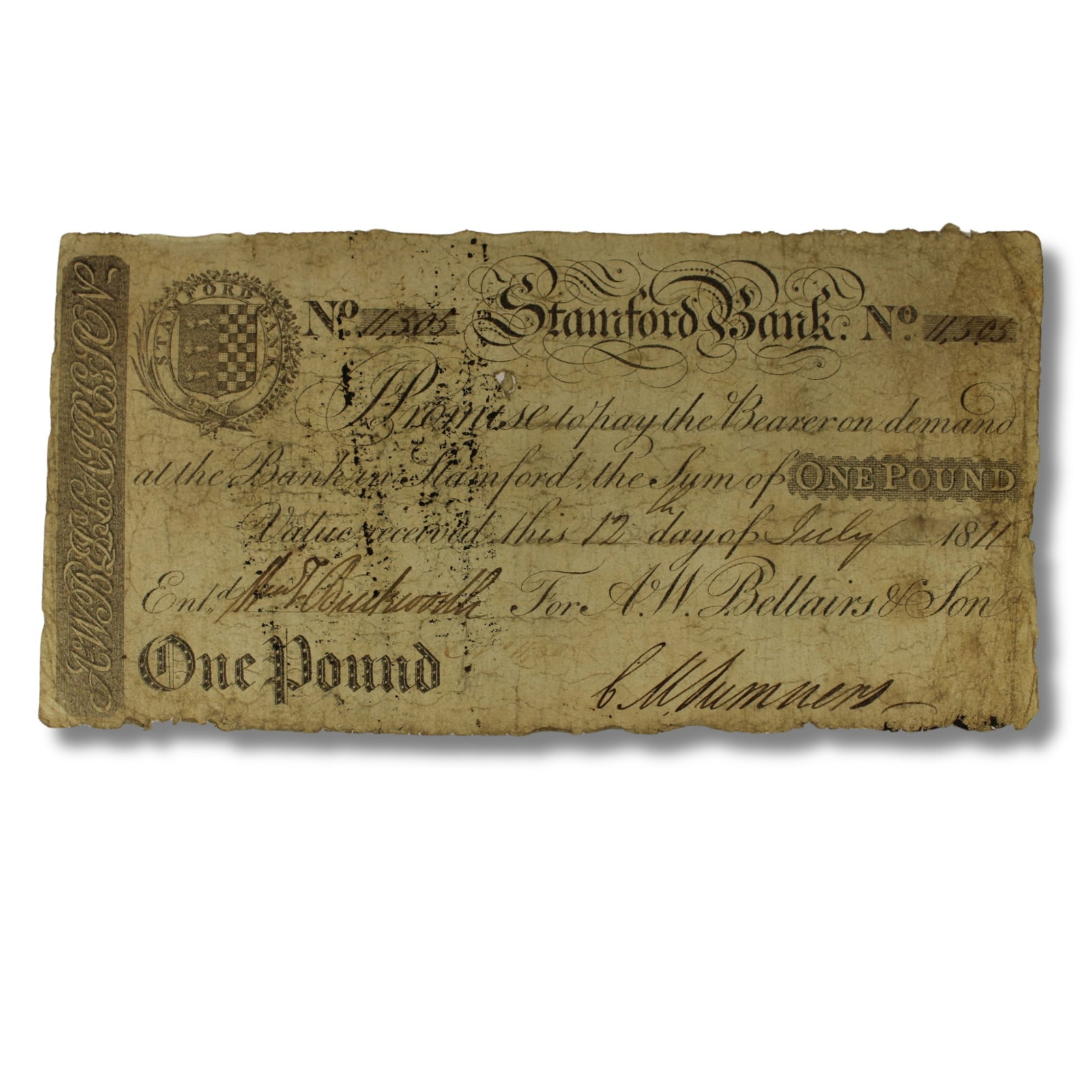 Great Britain '12 July 1811' Stamford Bank One Pound Note, good Fine details (1 of 2)