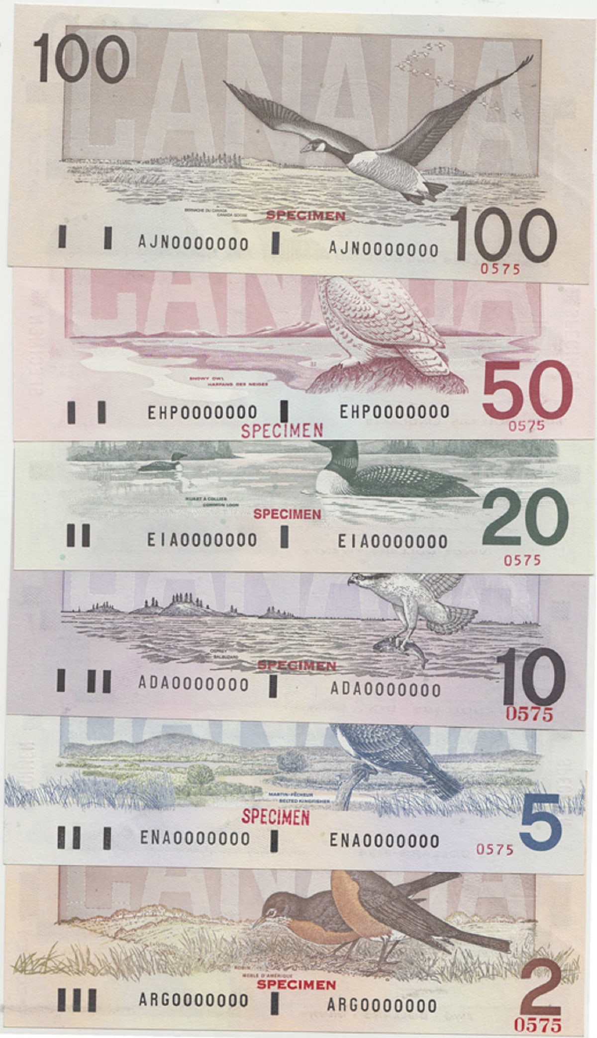 Canada 'Bird' Specimen Set, $2 & $5 (1986), $10 (89), $20 (91), $50 (88), $100 (98), Unc OPQ (6) - 2