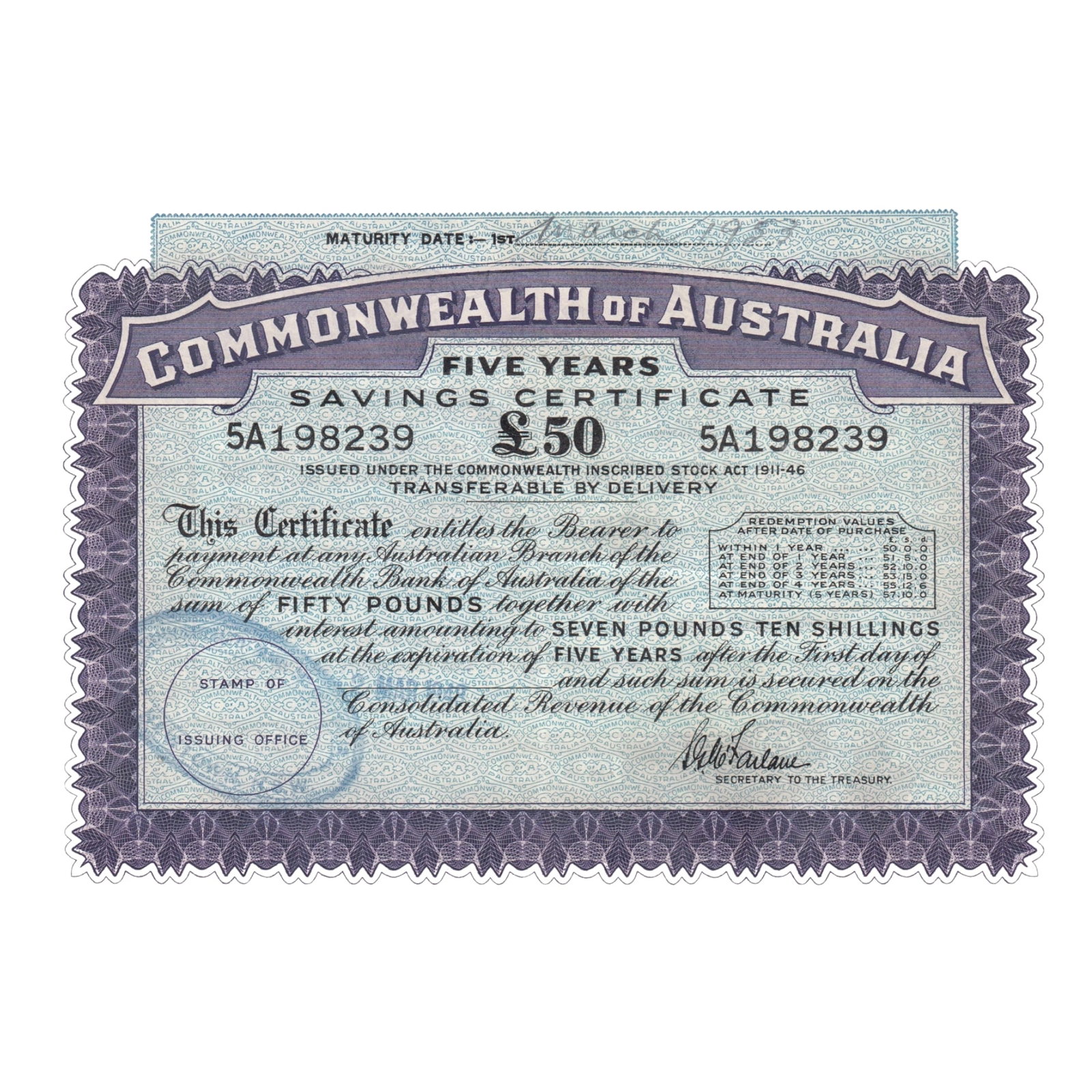 Australia 'McFarlane' Commonwealth of Australia £50 'Savings Certificate, Extremely Fine (1 of 2)