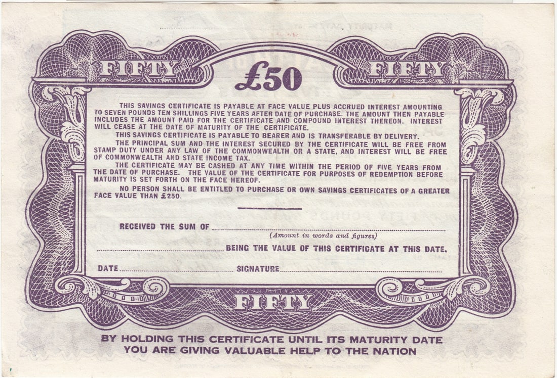 Australia 'McFarlane' Commonwealth of Australia £50 'Savings Certificate, Extremely Fine - 2