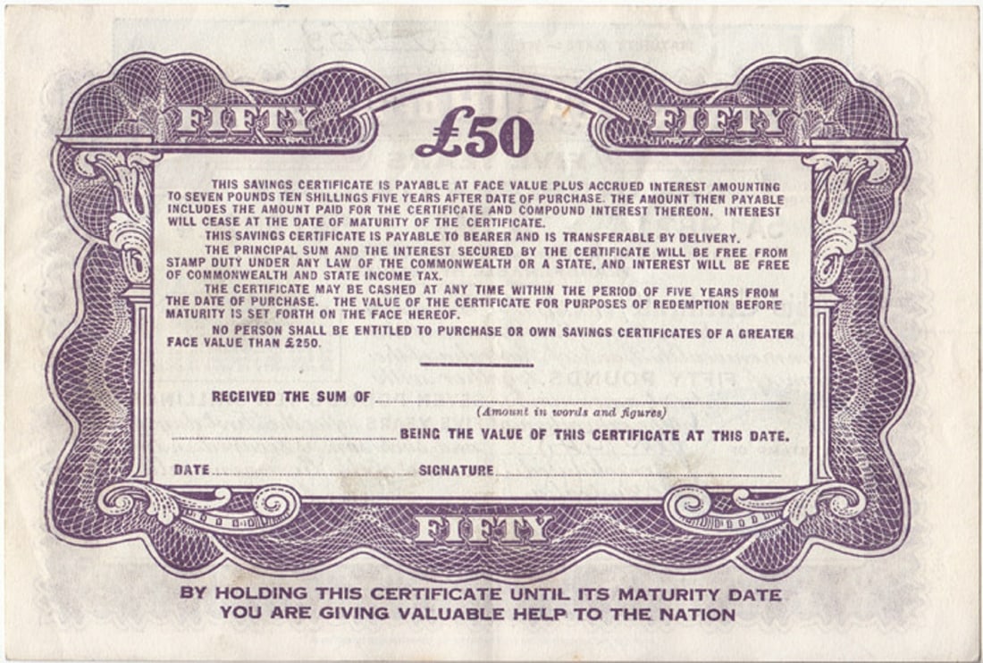 Australia 'McFarlane' Commonwealth of Australia £50 'Savings Certificate, Extremely Fine - 2