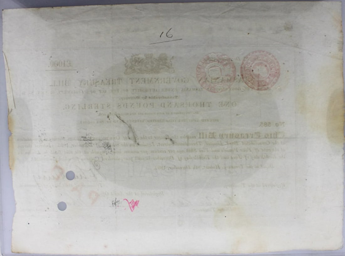 Australia 'Tasmanian Government £1000 Sterling Treasury Bill - dated 8th December 1892' - 2