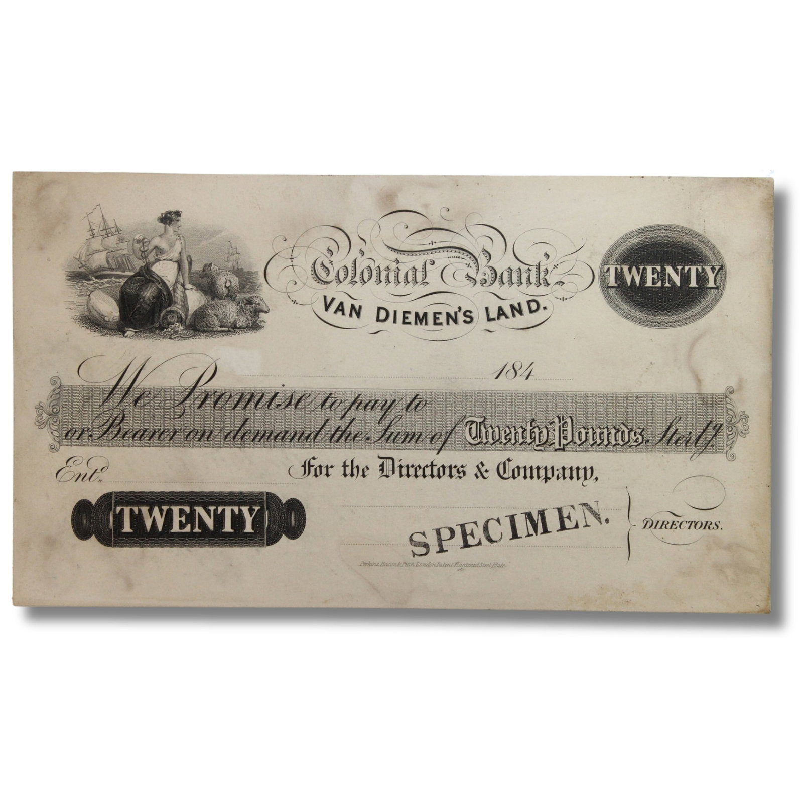 Australia 'Colonial Bank Van Diemen's Land' 184_ Specimen £20 on Card (1 of 2)