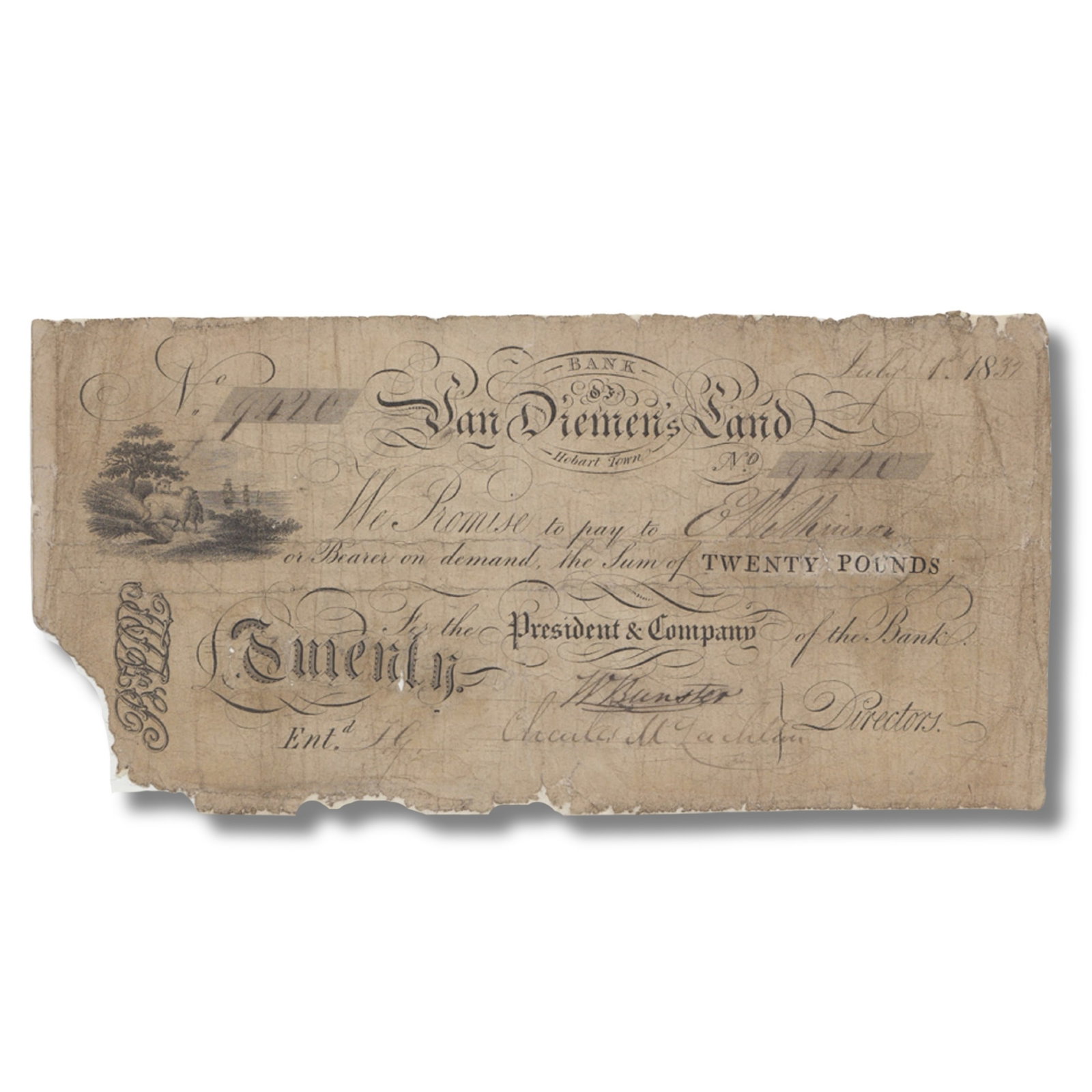 Australia 'Bank of Van Diemen's Land' dated July 1st 1832 £20 skilfully altered from a £1,: One of the earliest 'signed' Colonial banknotes albeit with the denomination fraudulently altered from £1, FairConditionReinforcing on back and missing the bottom left cornerMediumCoins, Monies