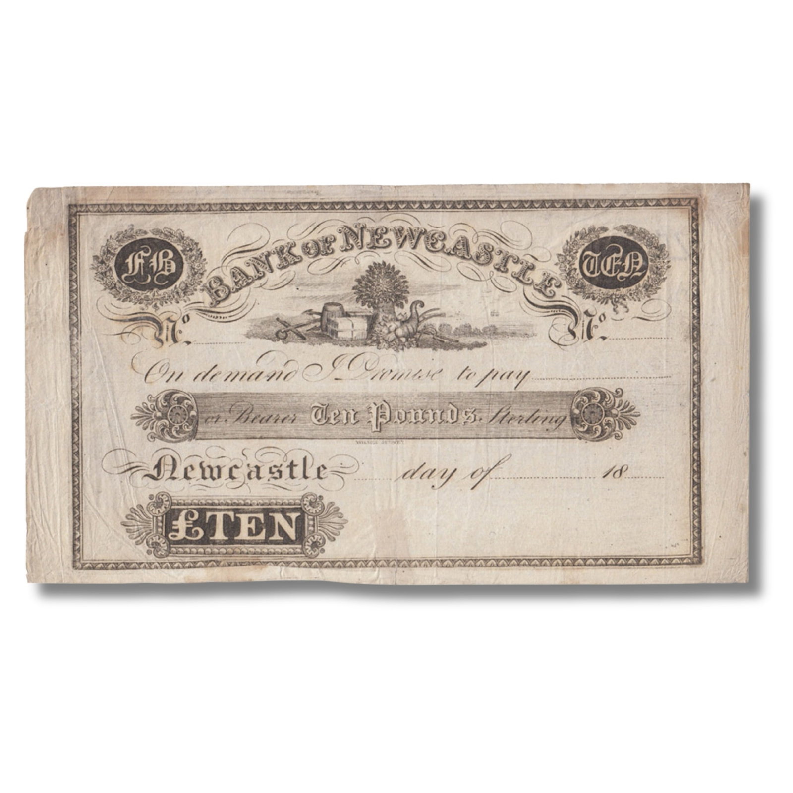 Australia 'Bank of Newcastle' £10 circa 1828, Very Fine details: This issue from Australia's earliest proposed Regional Bank is very rare being one of only three known surviving notes of this denomination.ConditionA fully intact note with discreet tape repairs on