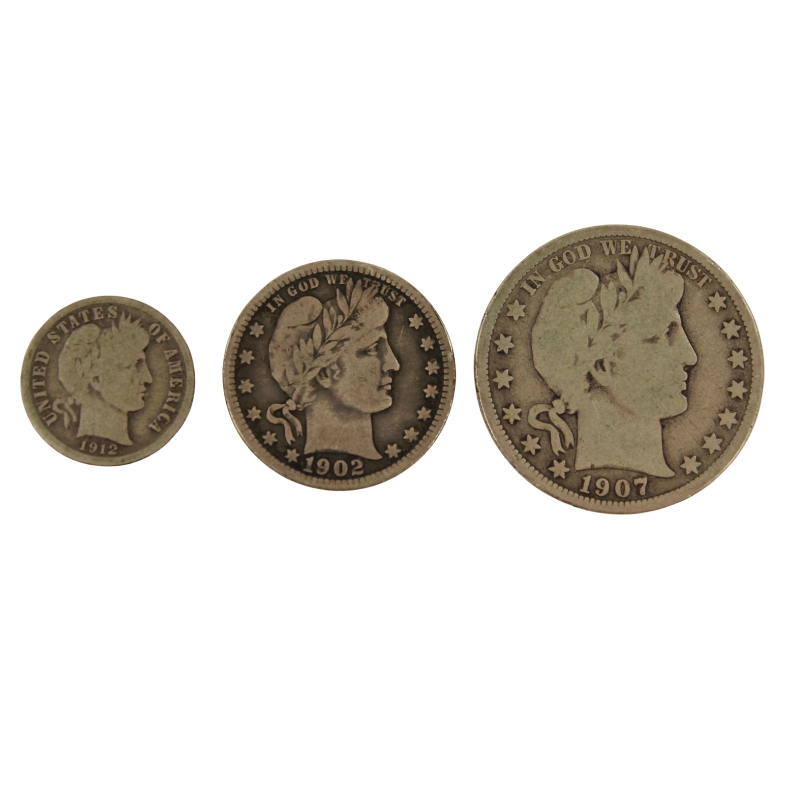 U.S.A. 'Barber' 1912 D Dime, 1902 1/4 Dollar & 1907 D 1/2 Dollar, Fine or better (3 coins) (1 of 2)
