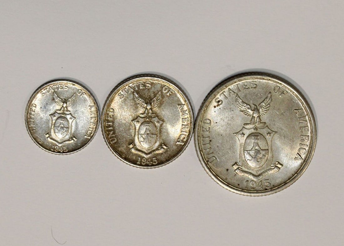 Philippines 1945 Silver (750) 10 Centavo, 20 Centavo & 50 Centavo, Brilliant Uncirculated (3 coins) - 2