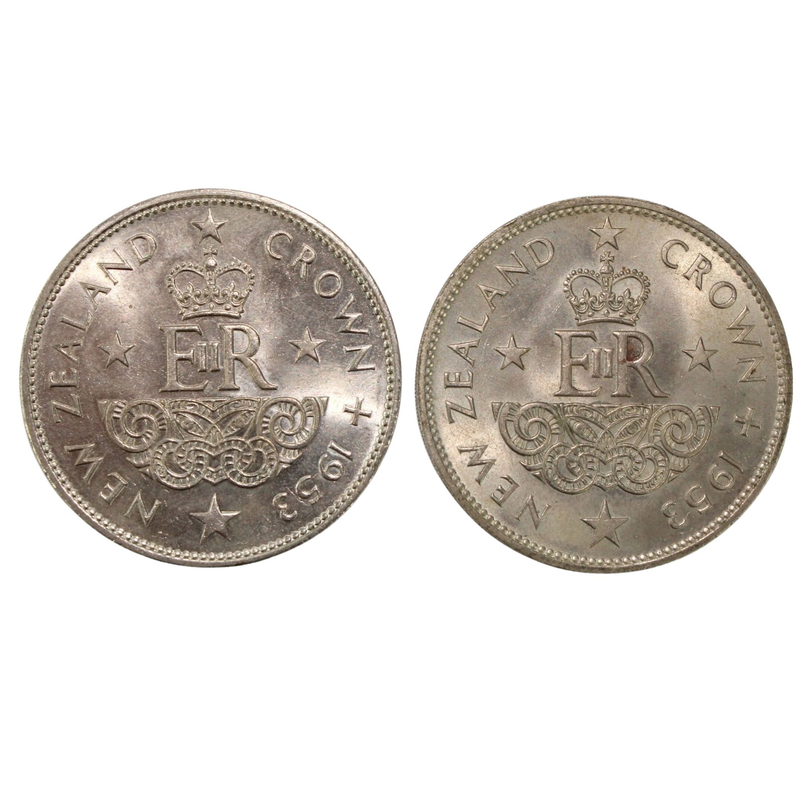 New Zealand 1953 'Coronation' Cu-Ni Crowns, Choice Uncirculated (2 Coins): KM#30 - Mintage: 250,000ConditionSmall spots on oneMediumCoins, Monies & StampsExhibitedCoins, Australia & New Zealand