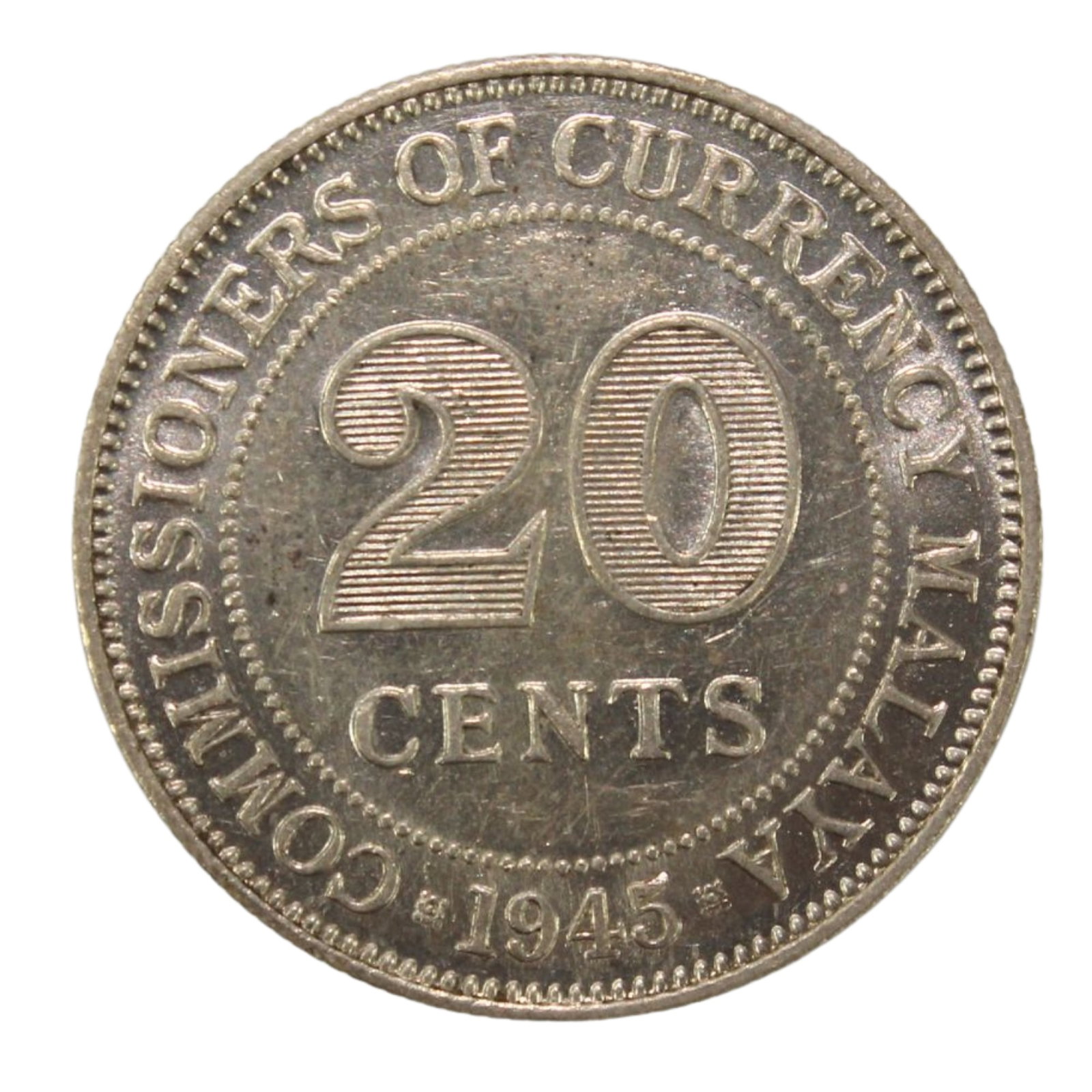 Malaya 1945 Silver (500) 20 Cents, about Uncirculated: KM#5a Size ASW 0.0873 Troy Oz Medium Coins, Monies & Stamps Exhibited Coins, Asia