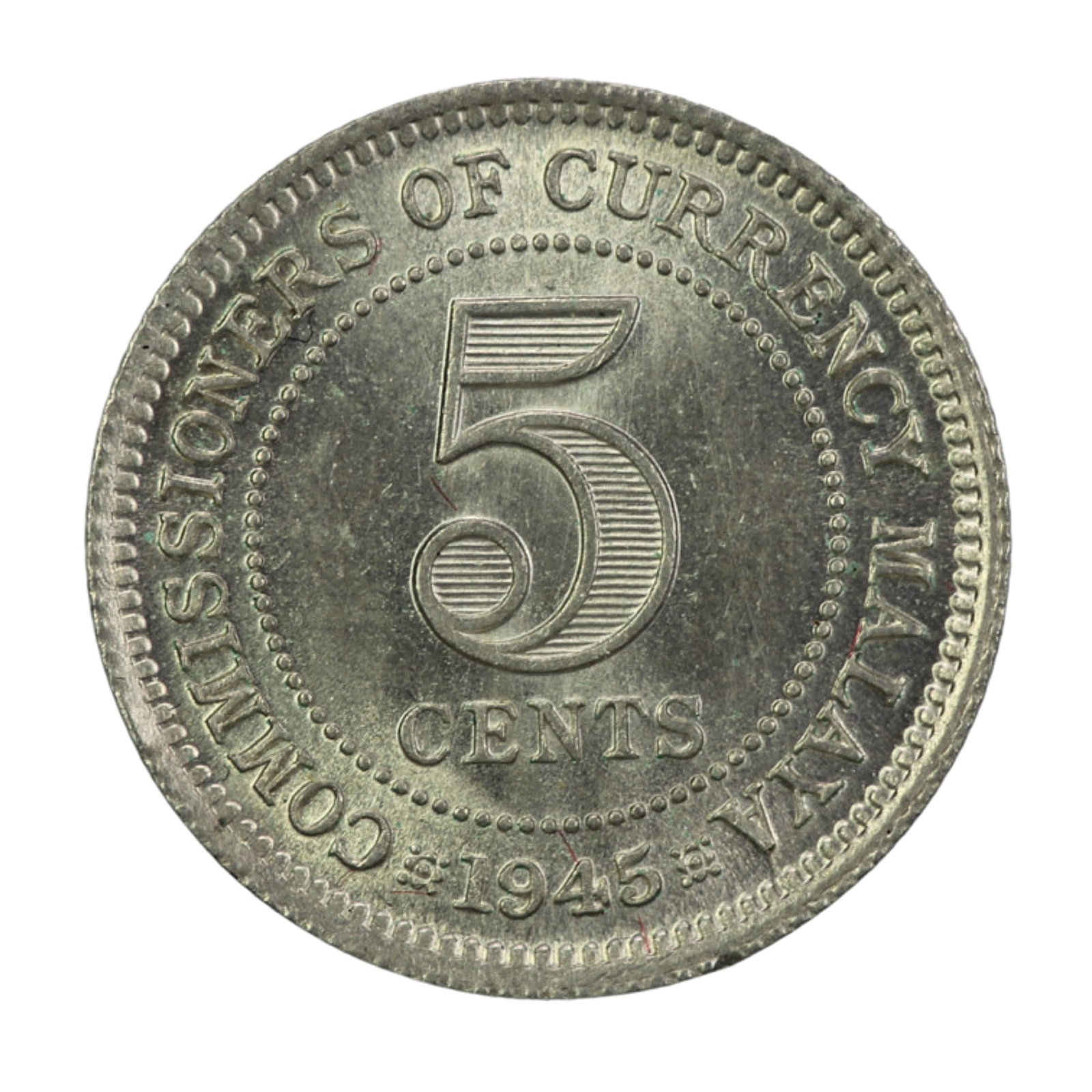 Malaya 1945 Five Cent, Brilliant Uncirculated: . Medium Coins, Monies & Stamps Exhibited Coins, Asia