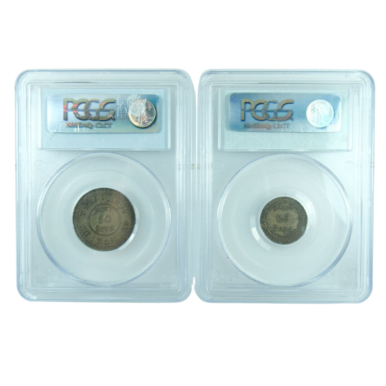Mauritius 1822 25 Sous & 50 Sous, PCGS VF30 & PCGS XF40 (2 coins): KM-1 & KM-2. Extremely undergraded in our opinion & much better than the grades suggestMediumCoins, Monies & Stamps