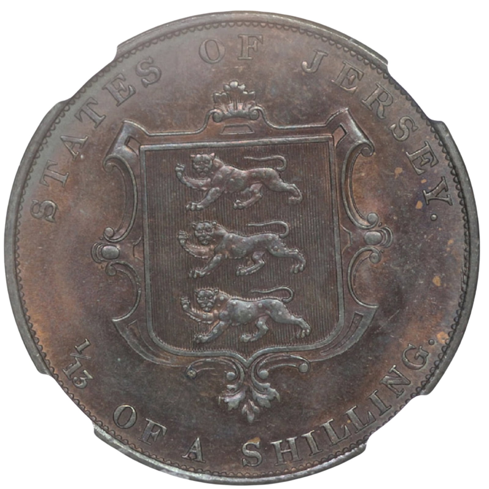 Jersey 1861 1/13 Shilling, NGC MS65 RB (1): Next highest graded NGC MS62BN (1) 63 (2) 64 1) & PCGS None Medium Coins, Monies & Stamps Literature This coin was catalogued by Spinks as a 'Proof' in the Jerome Remick Sale