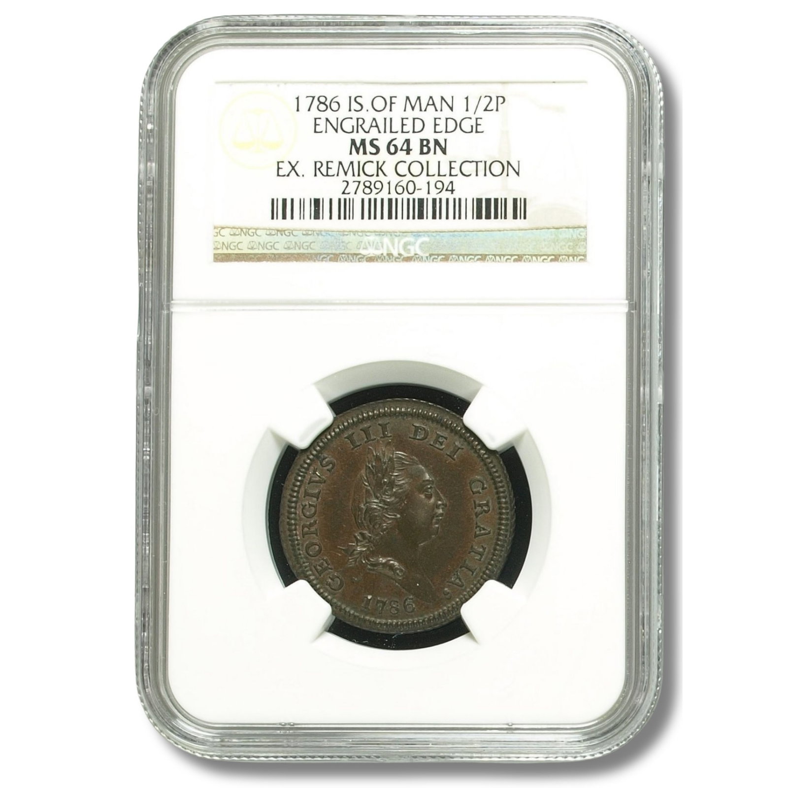 Isle of Man 1786 Halfpenny w engrailed edge, NGC MS64 BN (5) (1 of 2)
