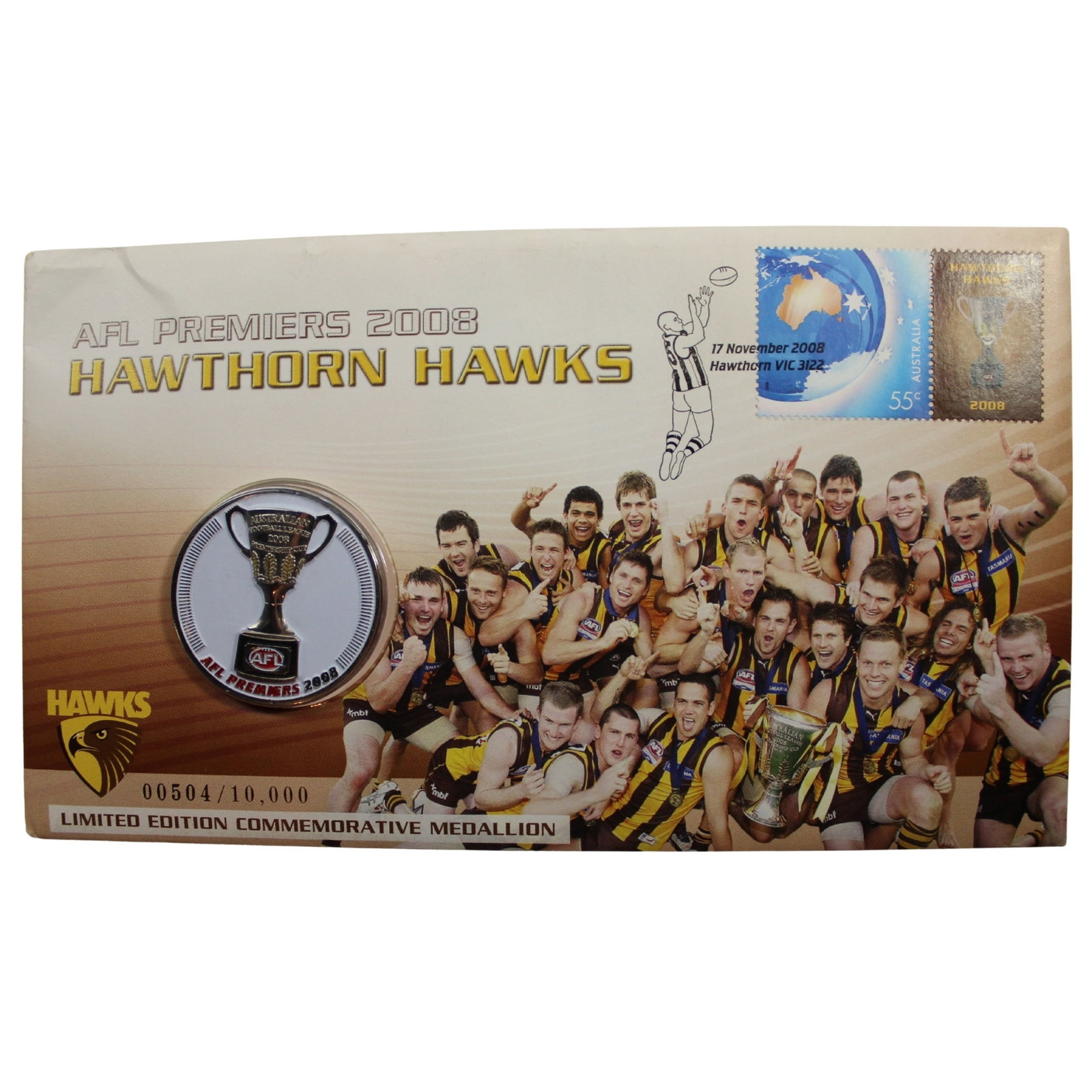 Australia 2008 'AFL Premiers Hawthorn Hawks' Stamp and Medallion Cover, Unc (1 of 1)