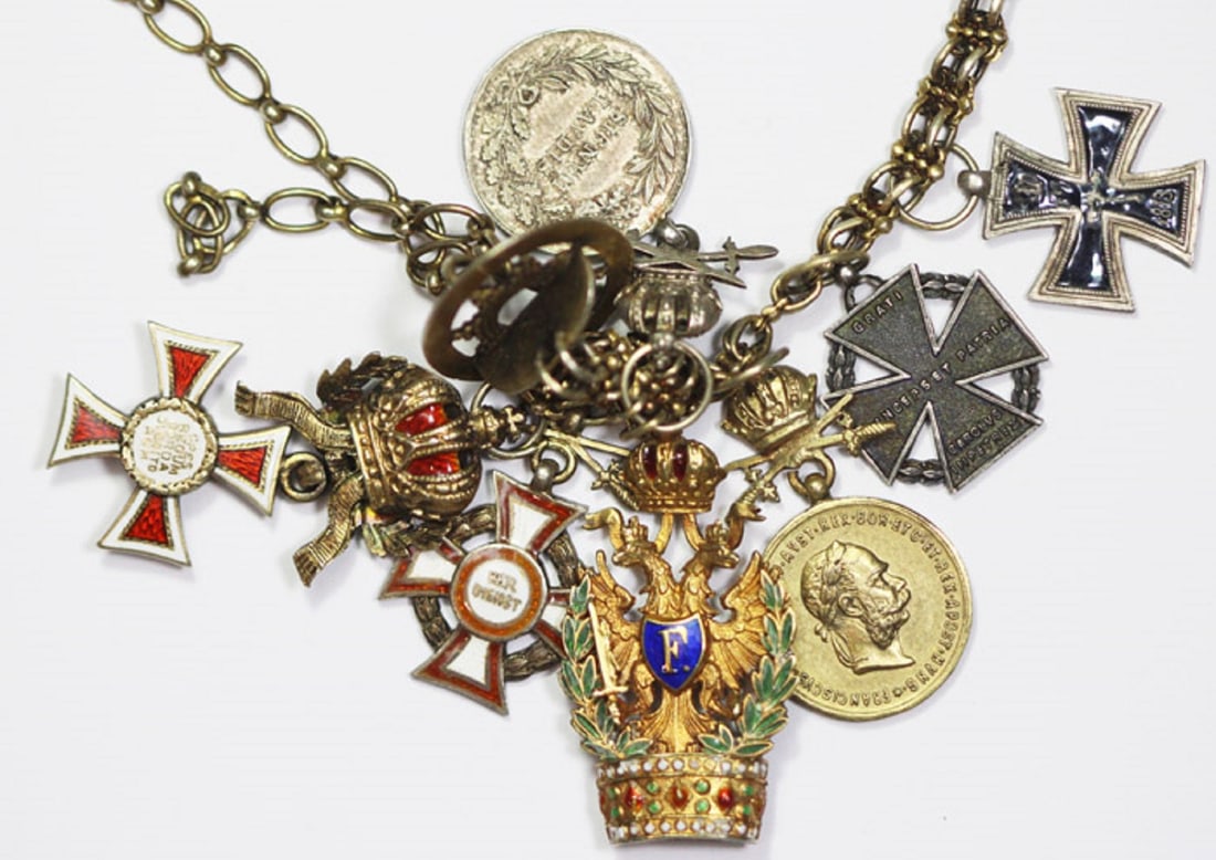 Austro-Hungarian Military Miniature Medals in Silver, Gold & Base Metal on Gilded Silver Chain - 2