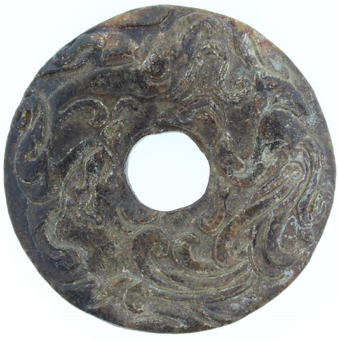 Antique Chinese Jade Wheel with carved Dragon & Bird design - 2