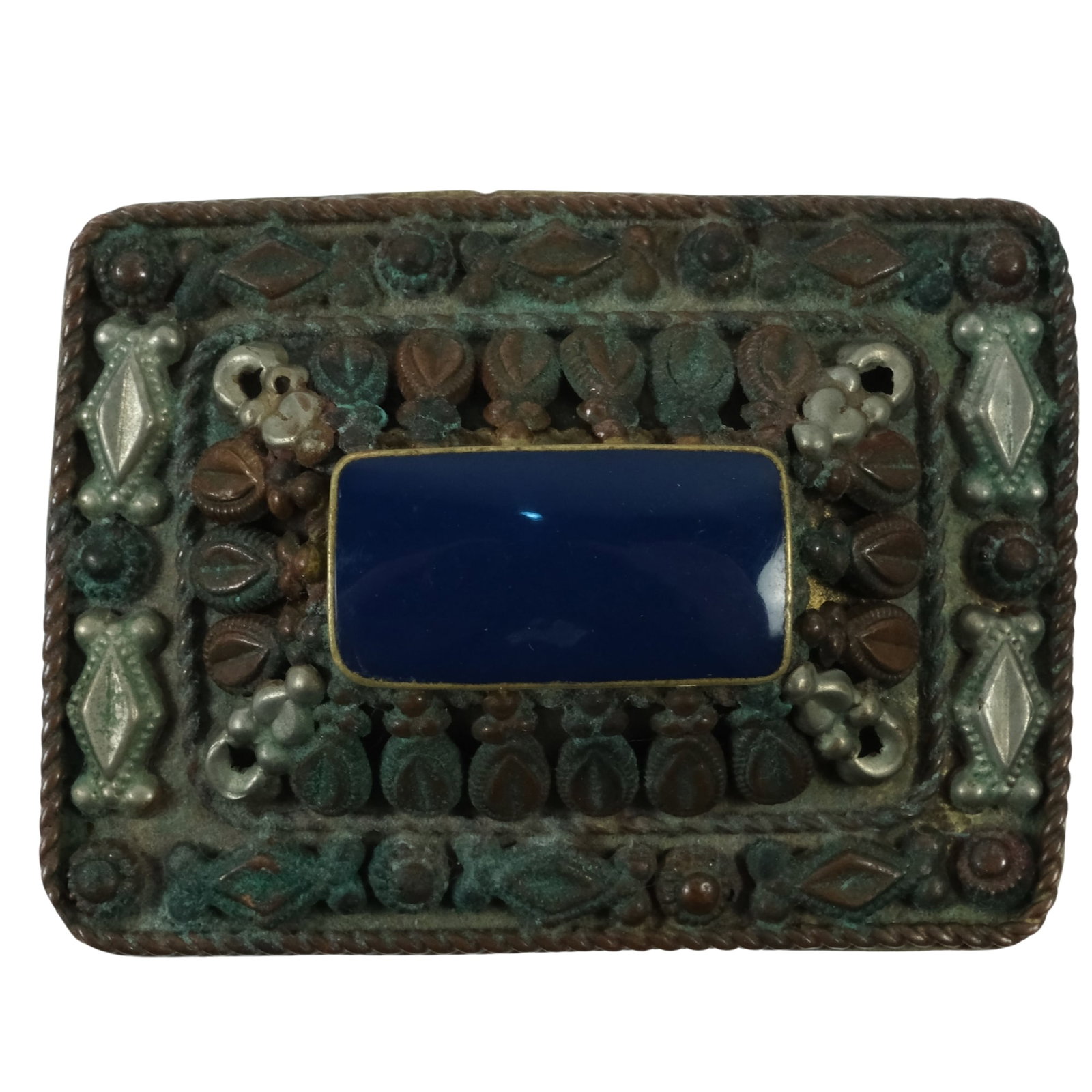 Small Elaborate Brass Jewellery Box box with Blue Stone insert in Lid: . Size 5x3.5x3.3cms