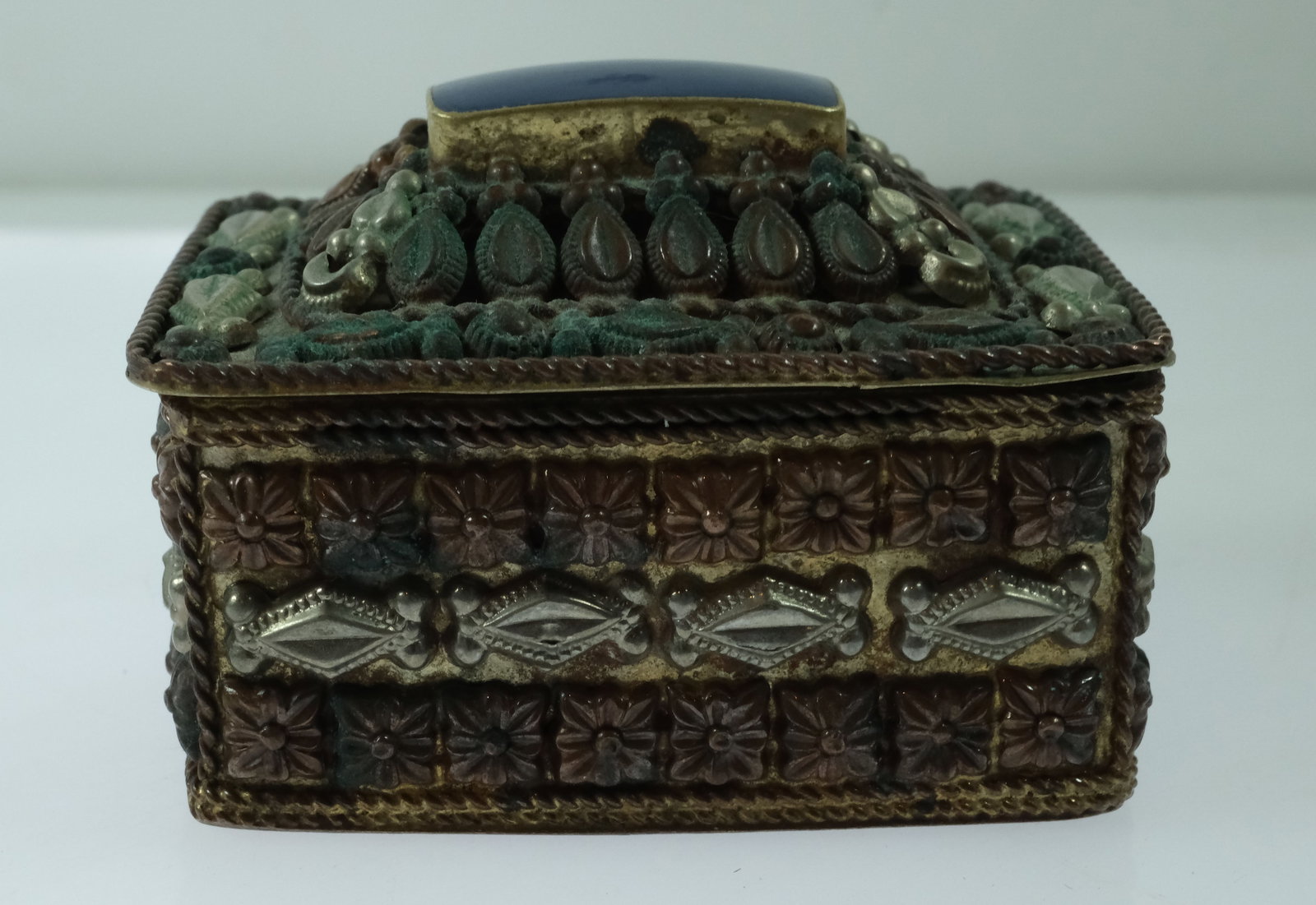 Small Elaborate Brass Jewellery Box box with Blue Stone insert in Lid - 2