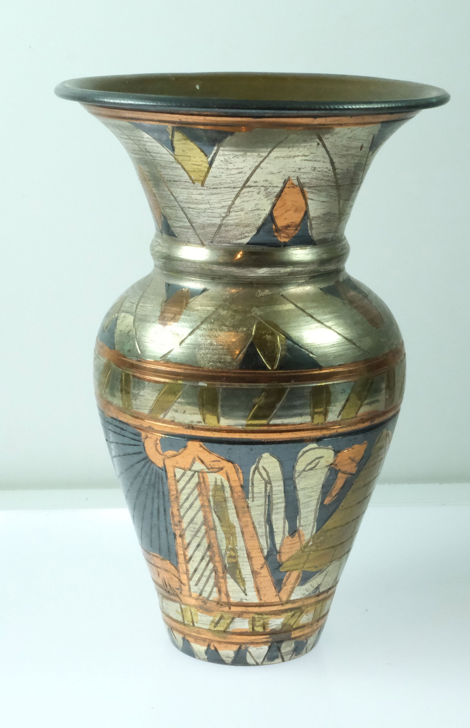 Egyptian Brass Vase with Coloured Ancient motifs - 3