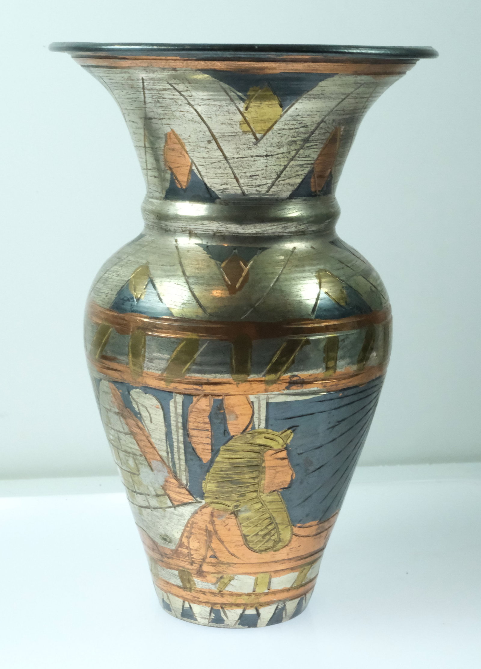 Egyptian Brass Vase with Coloured Ancient motifs - 4