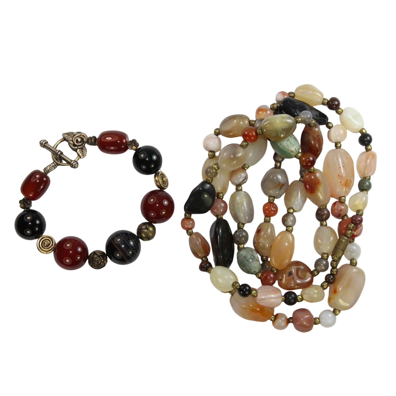 Costume Necklace & Bracelet in Polished Stone & Brass (2 items): . Size Open length 55cms Medium General Exhibited Costume