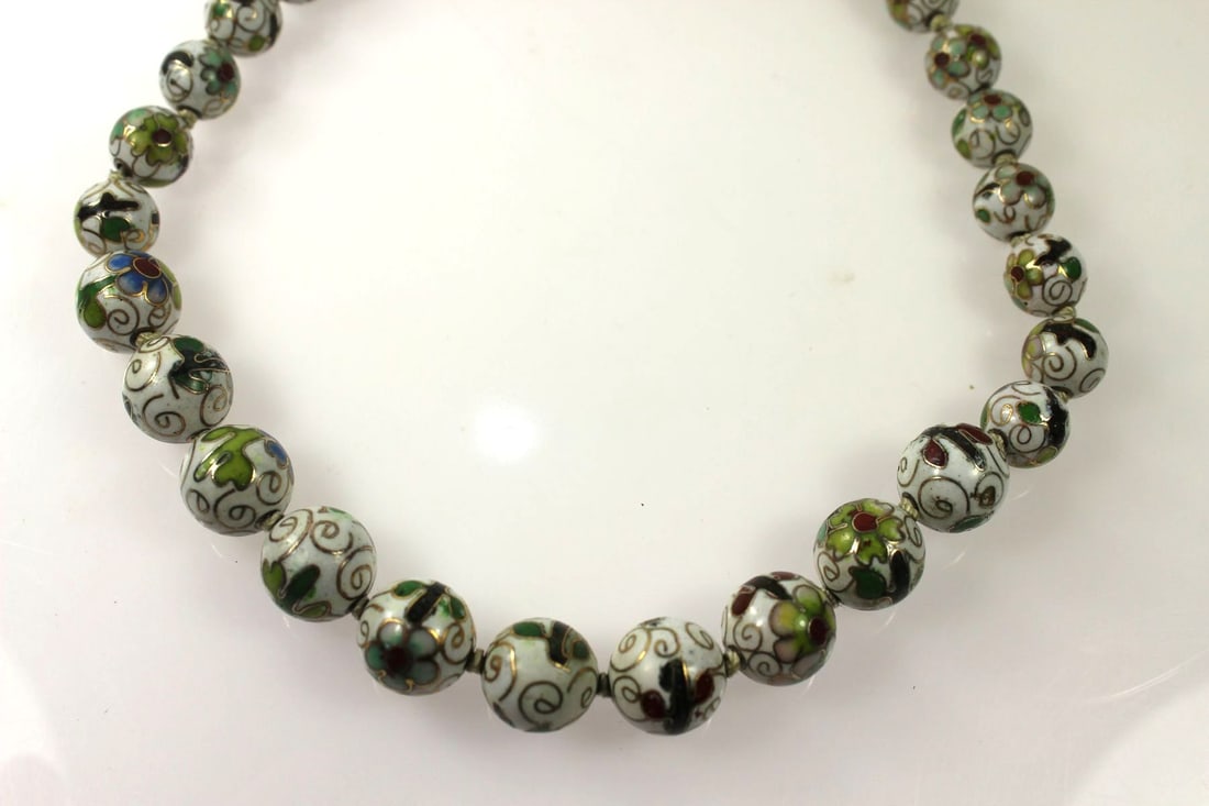 Vintage Enamel Bead Necklace with Floral Detailing - 2