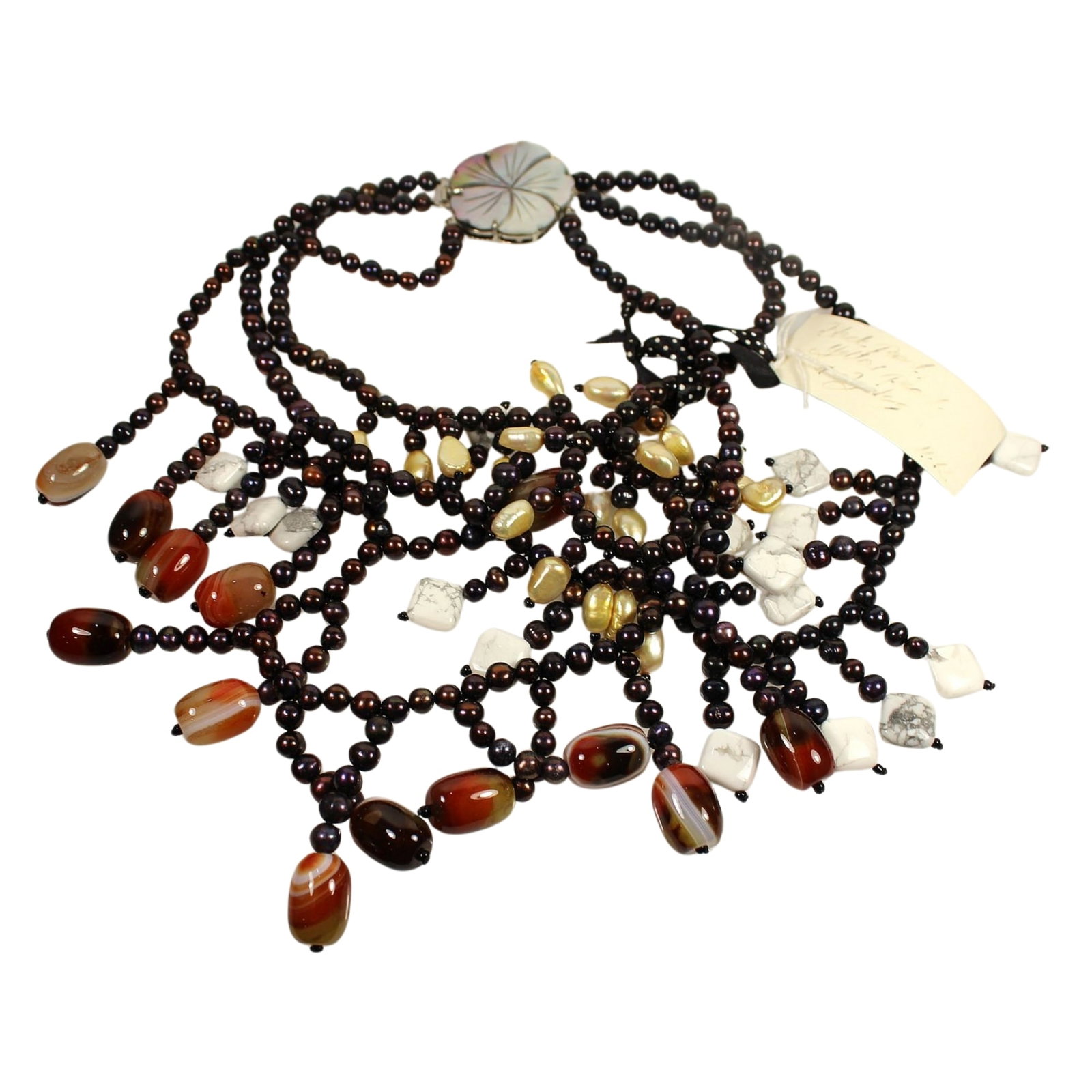 'Cebelle Collection' Black & White Pearl Multi-strand Necklace with Shell & Agate adornments: .SizeOpen length 50cmsMediumNecklaces & Pendants
