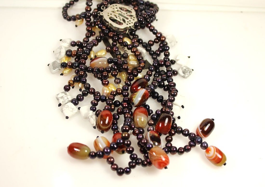 'Cebelle Collection' Black & White Pearl Multi-strand Necklace with Shell & Agate adornments - 2
