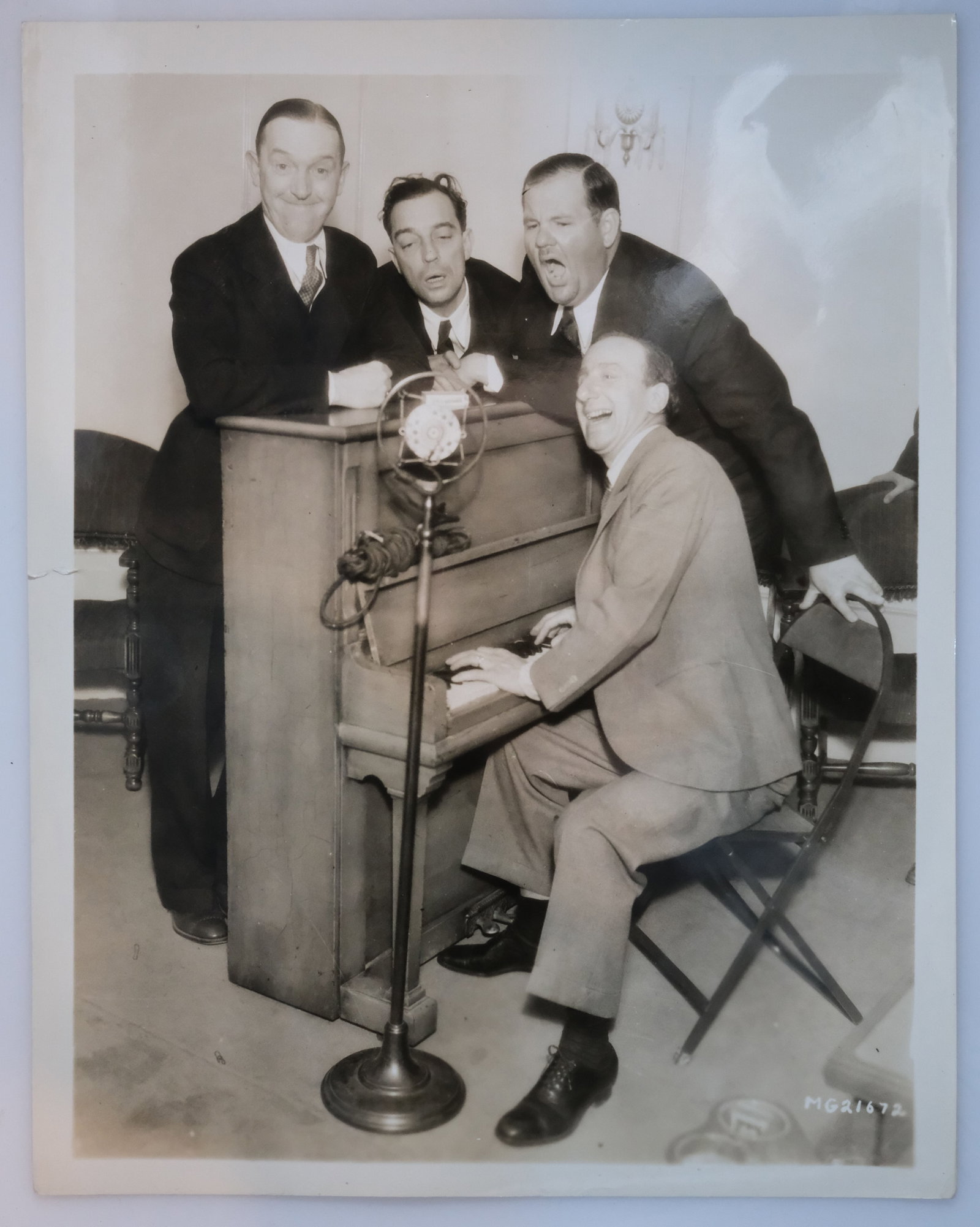 Laurel & Hardy, Buster Keaton & Jimmy Durant Orignal Studio Photo, Extremely Fine details: Shot on the set of MGM's 'Speak Easily'Size26x20cmsCondition!.5cm tear on the left borderMediumMemorabiliaExhibitedMovies, Posters