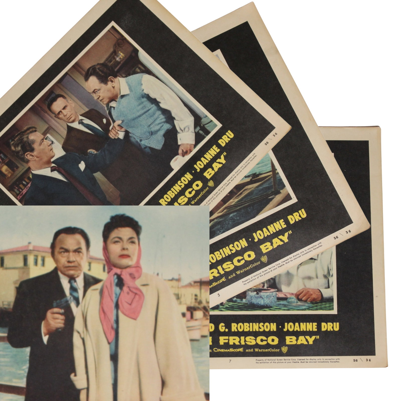 Hell on Frisco Bay (Warner Bros.©1956) Lobby Cards, Extremely Fine details (8 cards): Made in U.S.A.Size36 x 28cmsConditionSlightly rounded corners with pin holesMediumMemorabiliaExhibitedMovies, Posters