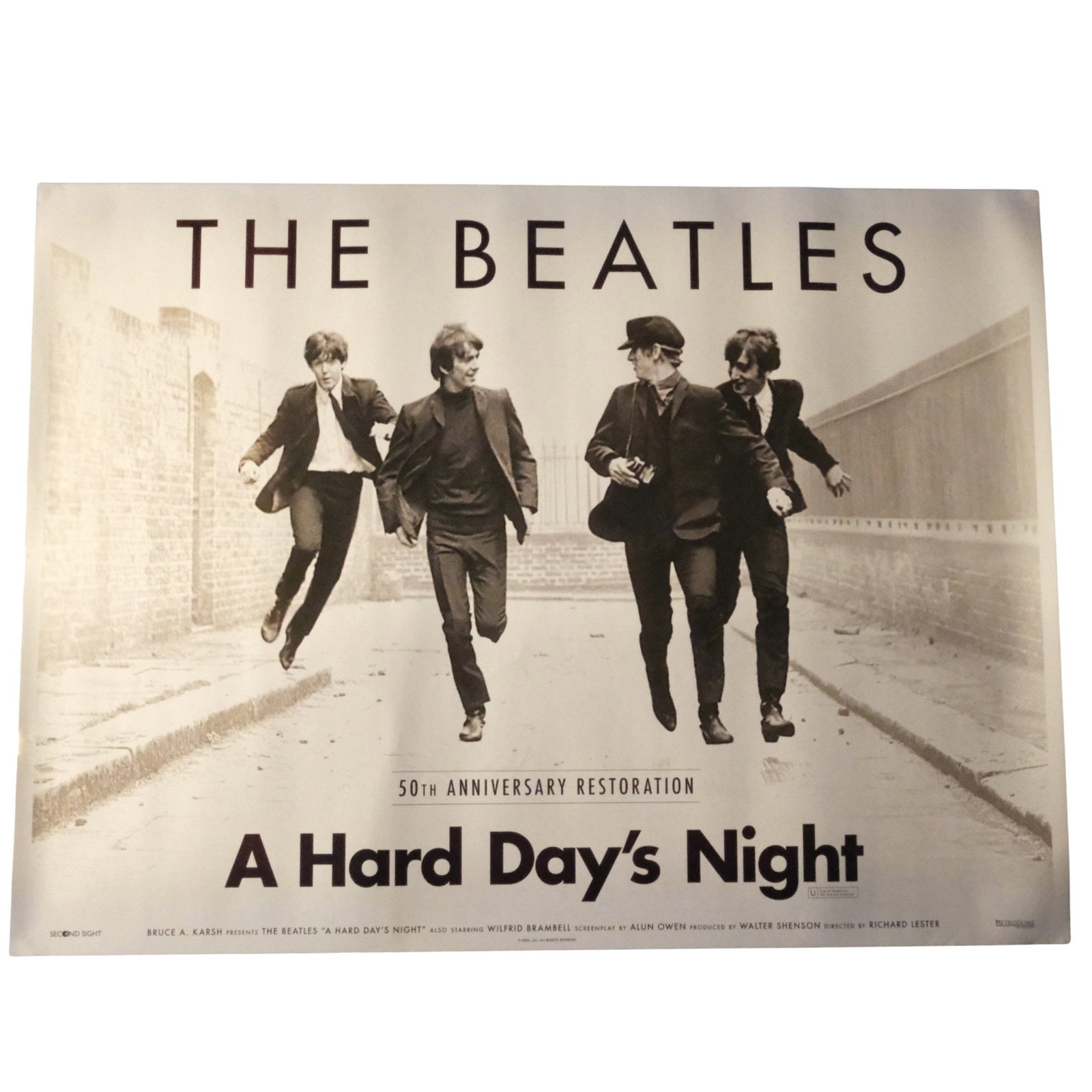 The Beatles - A Hard Day's Night - 50th Anniversary Digital Release (Miramax 1999) almost Mint: Original U.S. Full Sheet PosterSize76 x 103.6 cmConditionRolled. Minor handlingMediumMemorabiliaExhibitedMovies, Posters
