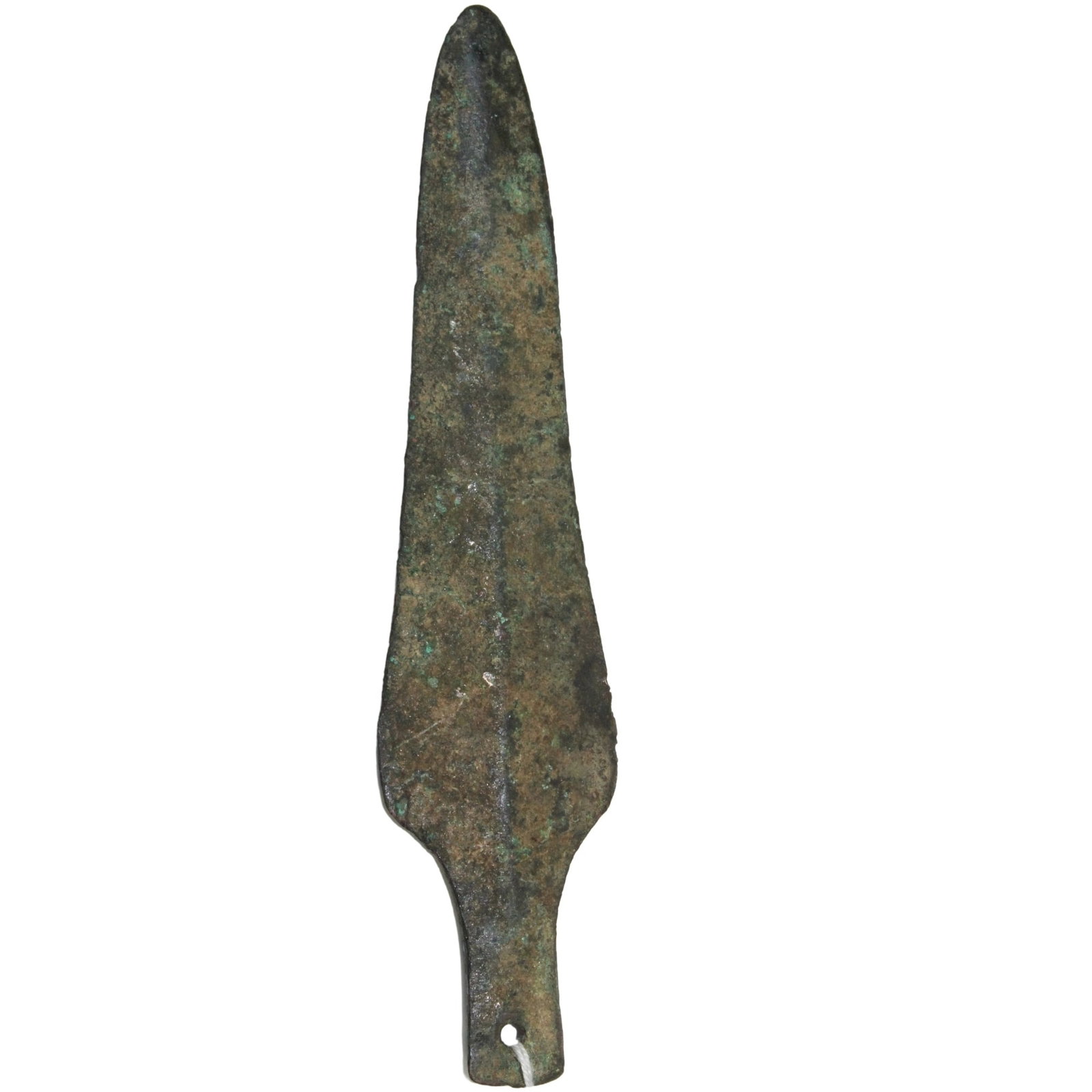 Etruscan Bronze Spearhead with raised central rib: circa 6th Century B.C.SizeLength 14.5cmsConditionLargely complete. Stabilised verdigrisMediumAntiquities: Greek, Roman & EgyptianProvenanceHarold Pederson Collection sold Christies, London
