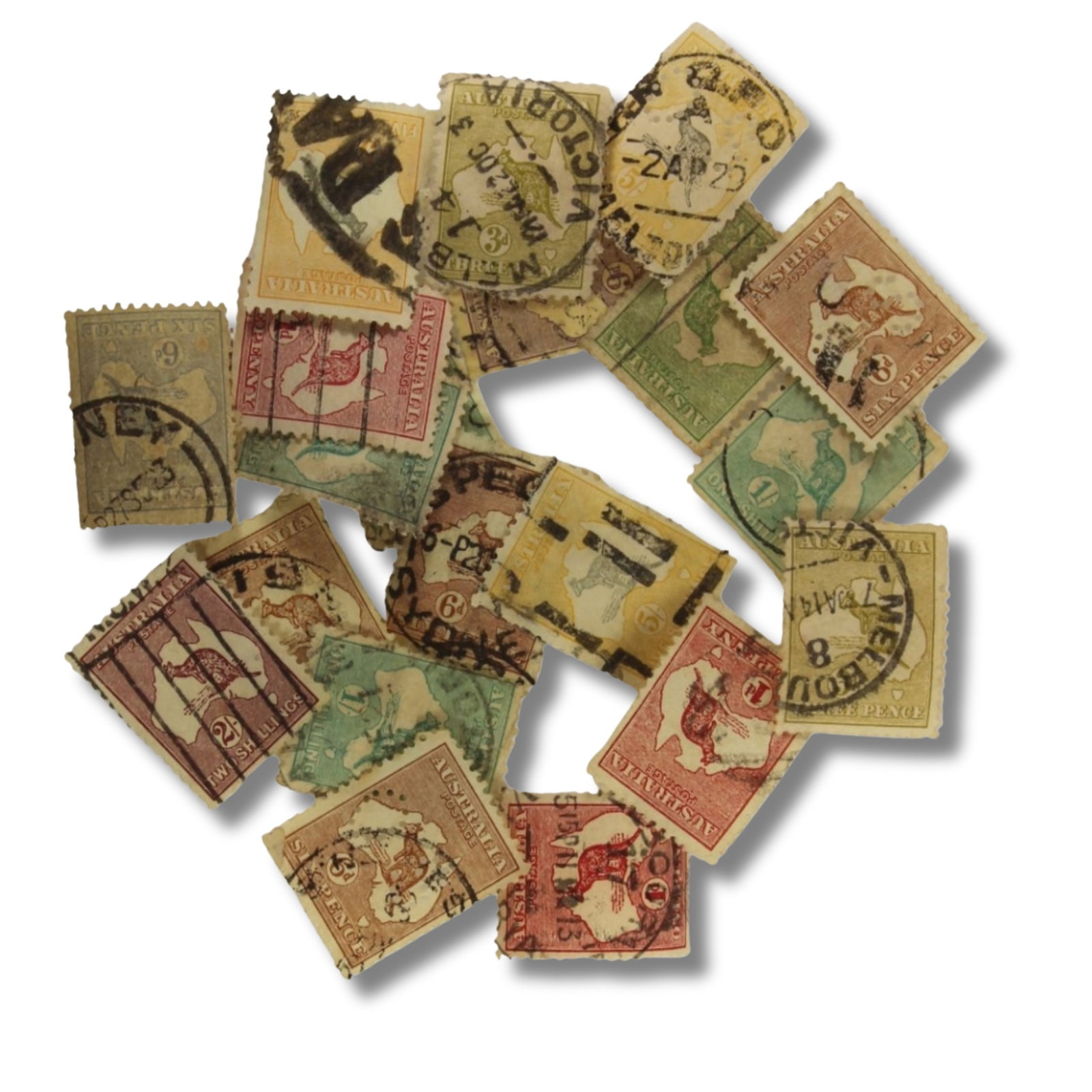Australia 1915 - 21 Mixed lot of Kangaroo issues, used (20 stamps): Hinge evident to some Medium Coins, Monies & Stamps