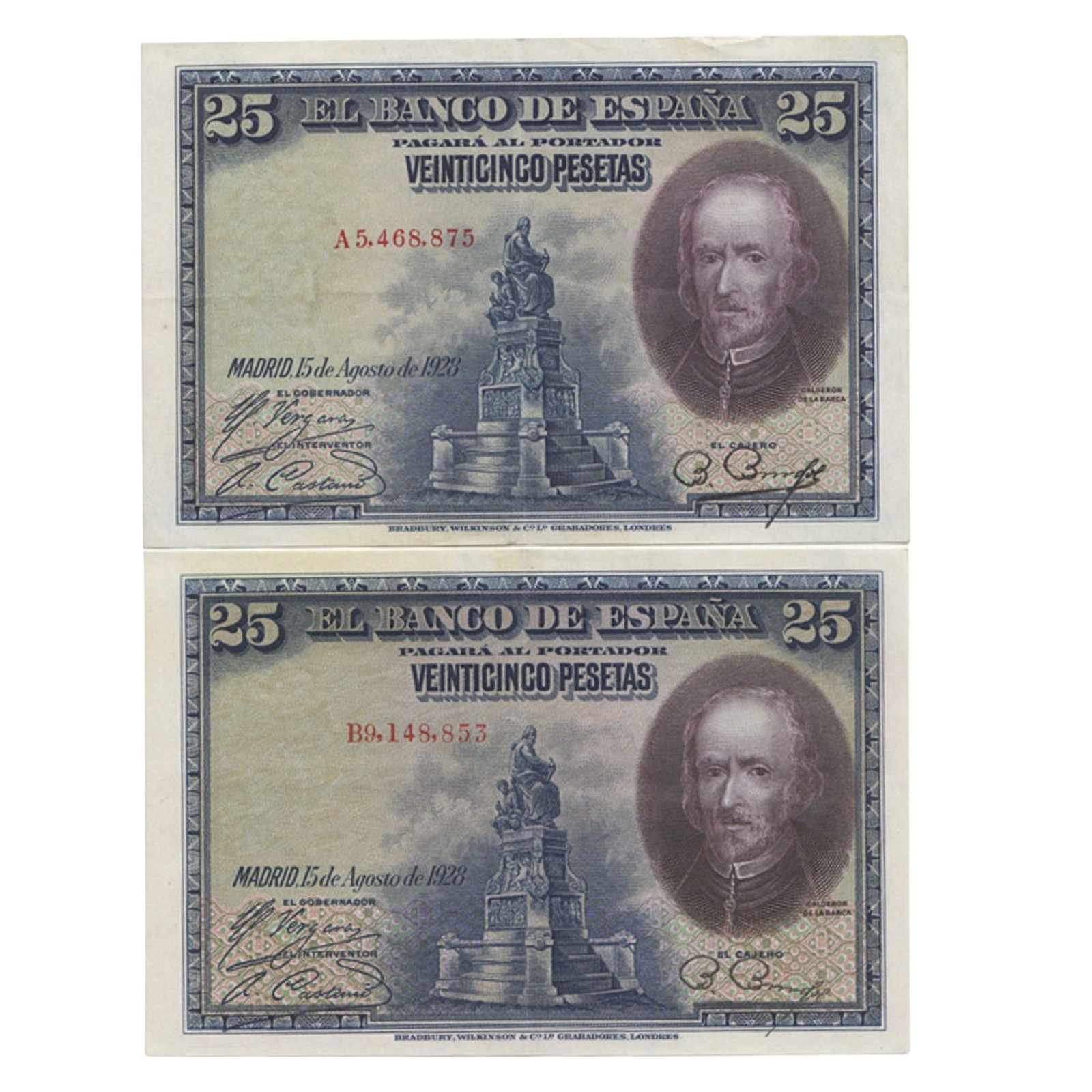Spain '15 August 1928' 25 Pesetas, Extremely Fine OPQ (2 notes) (1 of 2)