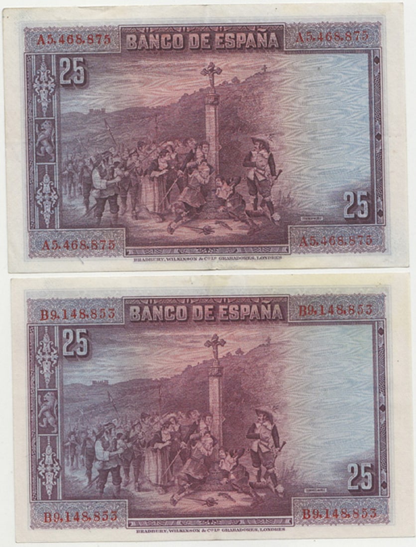 Spain '15 August 1928' 25 Pesetas, Extremely Fine OPQ (2 notes) - 2