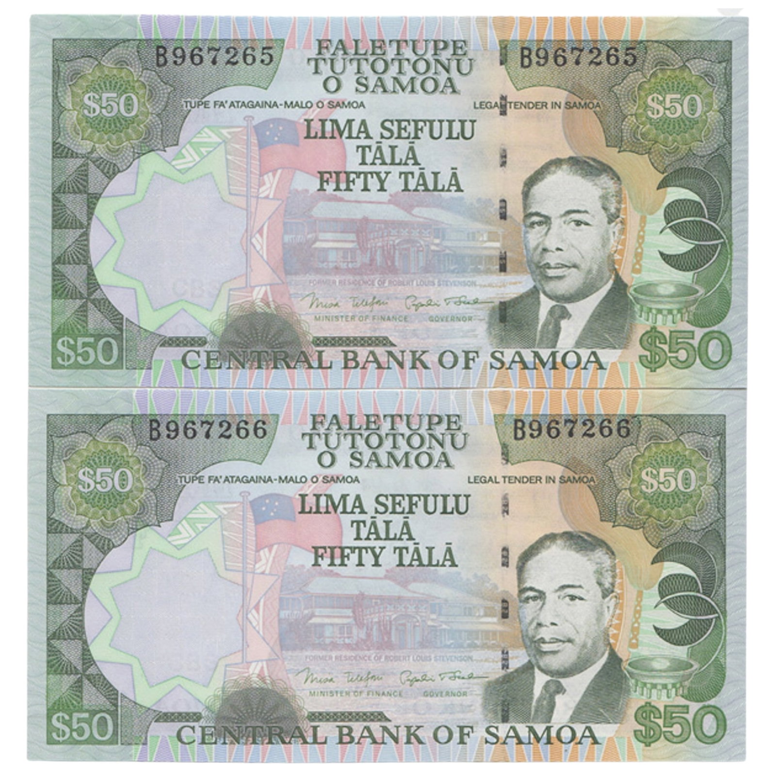 Samoa $50 (2006), Uncirculated OPQ (Consecutive Pair): Pick# 36 : Serial# BB 967265-6 Condition Original Paper Quality Medium Coins, Monies & Stamps