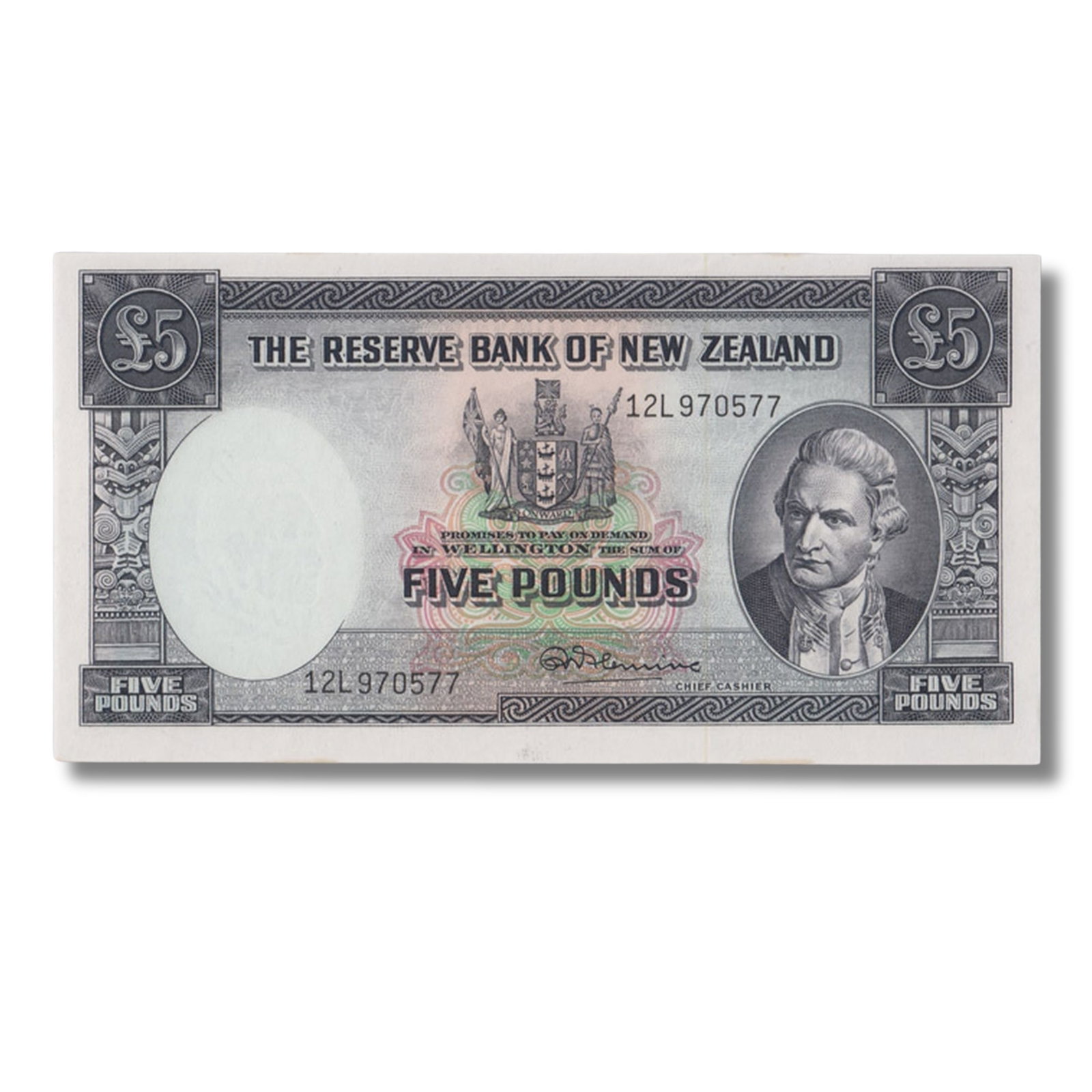 New Zealand 'Fleming' 12L Last Prefix £5 with Security Thread (1967), Uncirculated OPQ: Pick# 160d : Serial# 12L970577 Condition O(riginal) P(aper) Q(uality) Medium Coins, Monies & Stamps Exhibited Paper Money, Australia & New Zealand