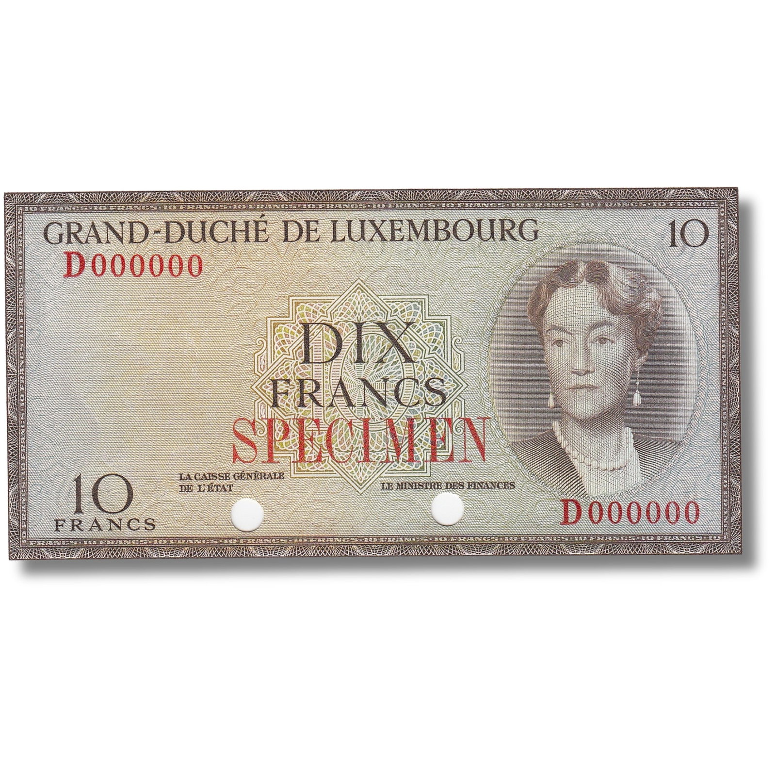Luxembourg 'Colour Trial - Specimen' 10 Francs (1954), Uncirculated OPQ: Pick# 48cts : Serial: D000000 Condition O(riginal) P(aper) Q(uality) Medium Coins, Monies & Stamps Literature Punch cancelled. Red stamp "SPECIMEN' front & back. Number 171 in reverse margin. Serial