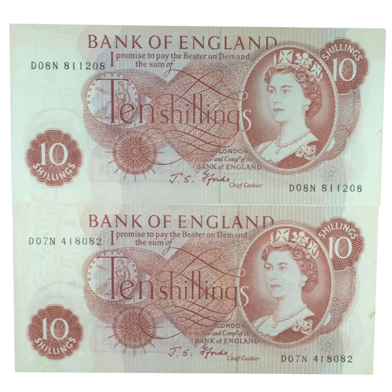 Great Britain 'Fforde' 10/- (1966-70), good Extremely Fine details OPQ (2 notes): Pick# 373c : Serial# D07N 418082 & D08N 811208 Condition (O)riginal) P(aper) Q(uality) .Light staining on right edges