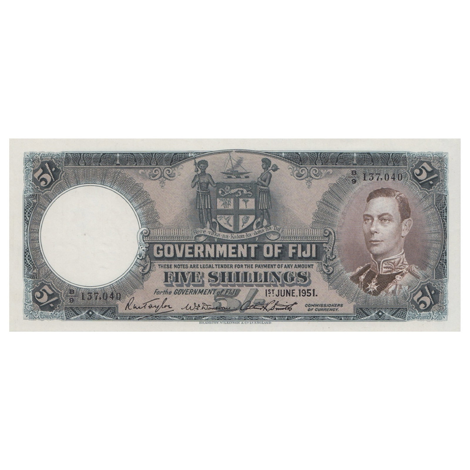 Fiji '1st June 1951' Five Shillings, Uncirculated OPQ (1 of 2)