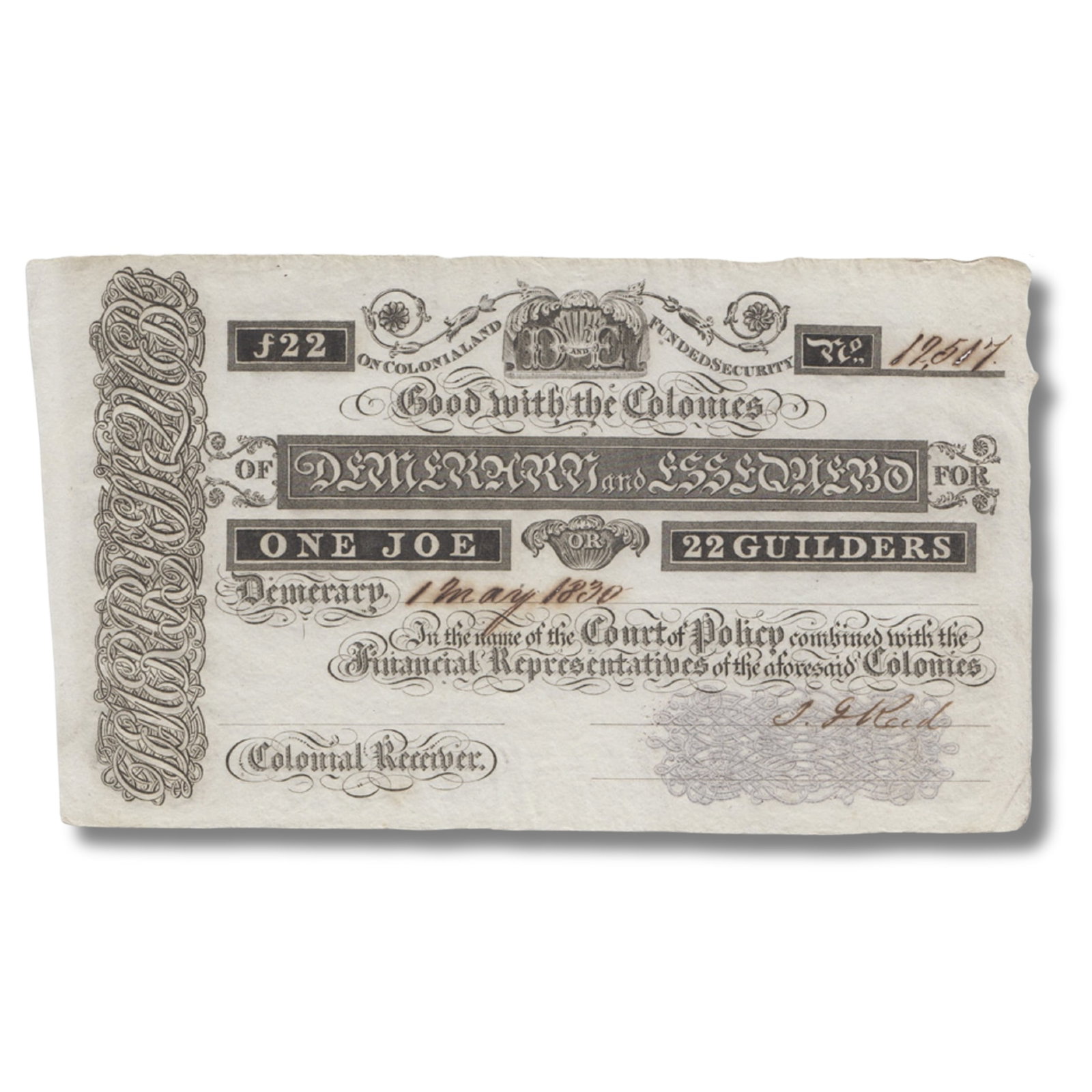 Demerary & Essequibo '1 May 1830' One Joe (22 Guilders), Uncirculated: Pick# A1 (the Pick Plate Note) : Serial# 19,507 Medium Coins, Monies & Stamps Exhibited Paper Money, Europe