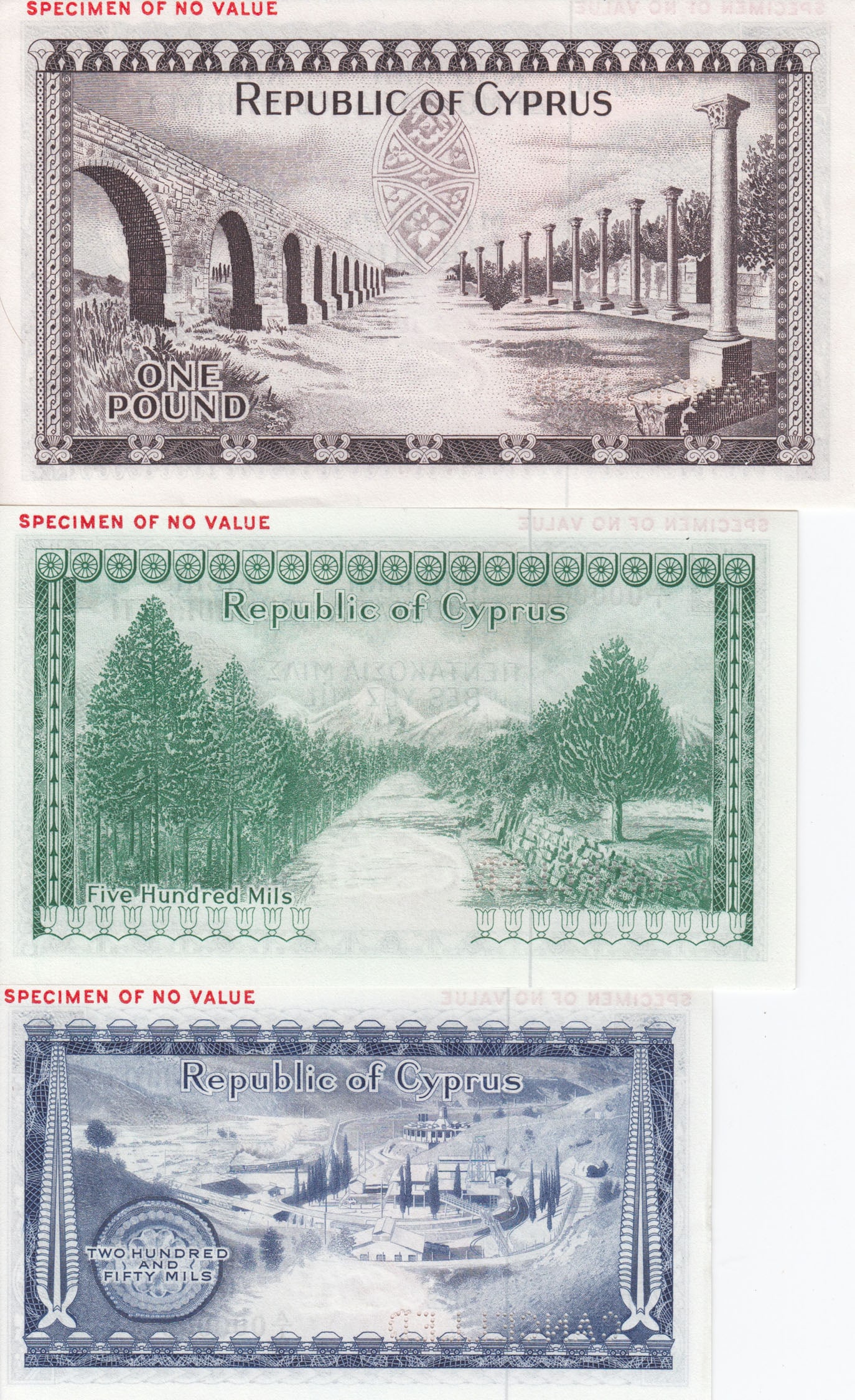 Cyprus 1961 'Specimen' 250 & 500 Mil & £1, Uncirculated OPQ (3 notes) - 2