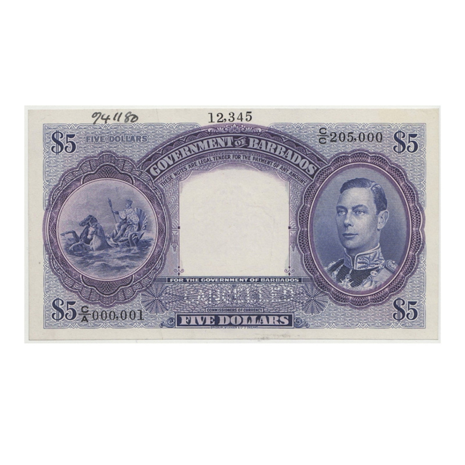 Barbados 'Specimen' $5 (1939), about Extremely Fine: Like Pick# 4 : Serial# C/A 000,001 - C/C 205,000 Condition Lightly Flattened. Perforated "CANCELLED". Numbered on top edge "12,345". Pen notation to top edge "941180" Medium Coins, Monies & Stamps