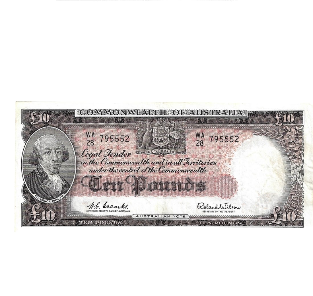 Australia 'Coombs - Wilson' Reserve WA28 - First Prefix £10 (1960), Extremely Fine OPQ: Renniks# 63F : Serial# WA/28 795552 Condition O(riginal) P(aper) Q(uality). Minor stain right margin Medium Coins, Monies & Stamps