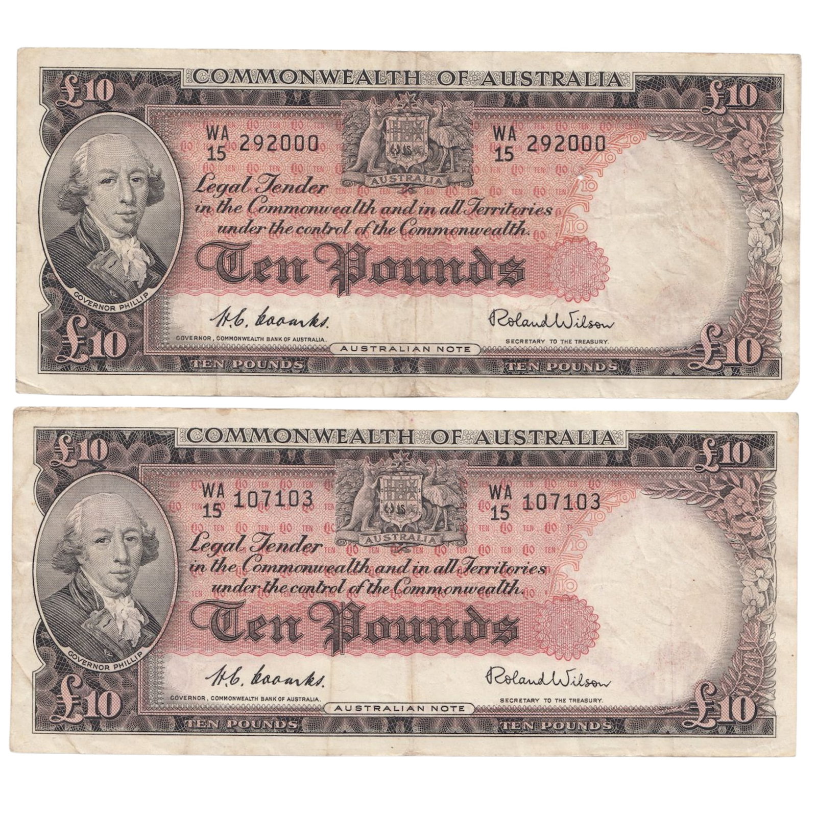 Australia 'Coombs - Wilson' Commonwealth £10 (1954), Fine or better (2 notes): Renniks# 62 : Serial# WA/15 107103 and WA/15 292000 Medium Coins, Monies & Stamps