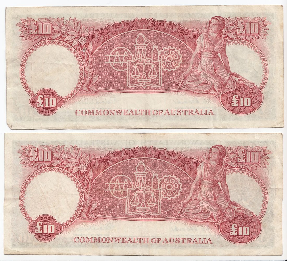 Australia 'Coombs - Wilson' Commonwealth £10 (1954), Fine or better (2 notes) - 2