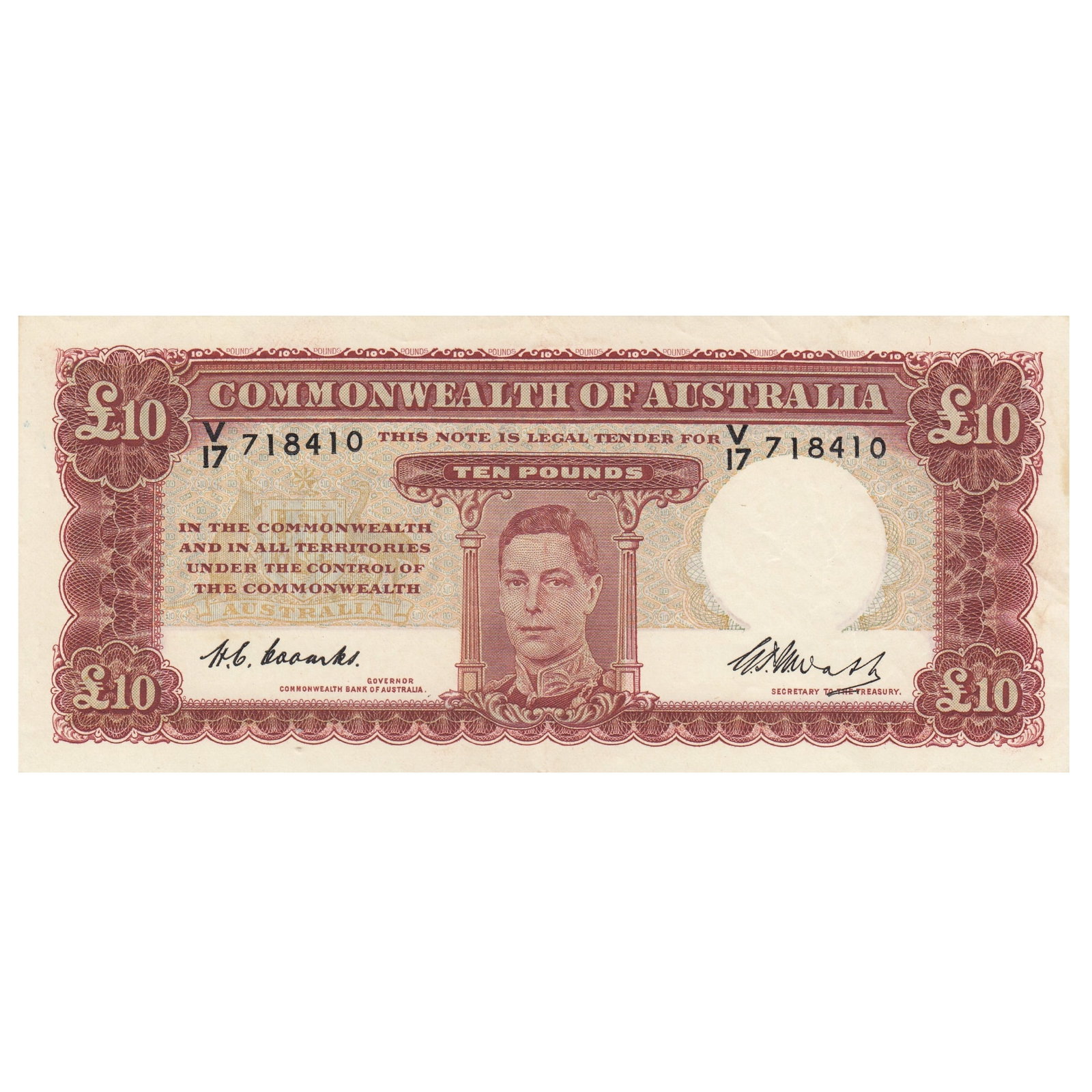 Australia 'Coombs - Watt' £10 (1949), good Extremely Fine OPQ: Renniks# 60 : Serial# V/17 718410. Consecutive to preceding note Condition O(riginal) P(aper) Q(uality). Minor stain right margin Medium Coins, Monies & Stamps Exhibited Paper Money, Australia & New