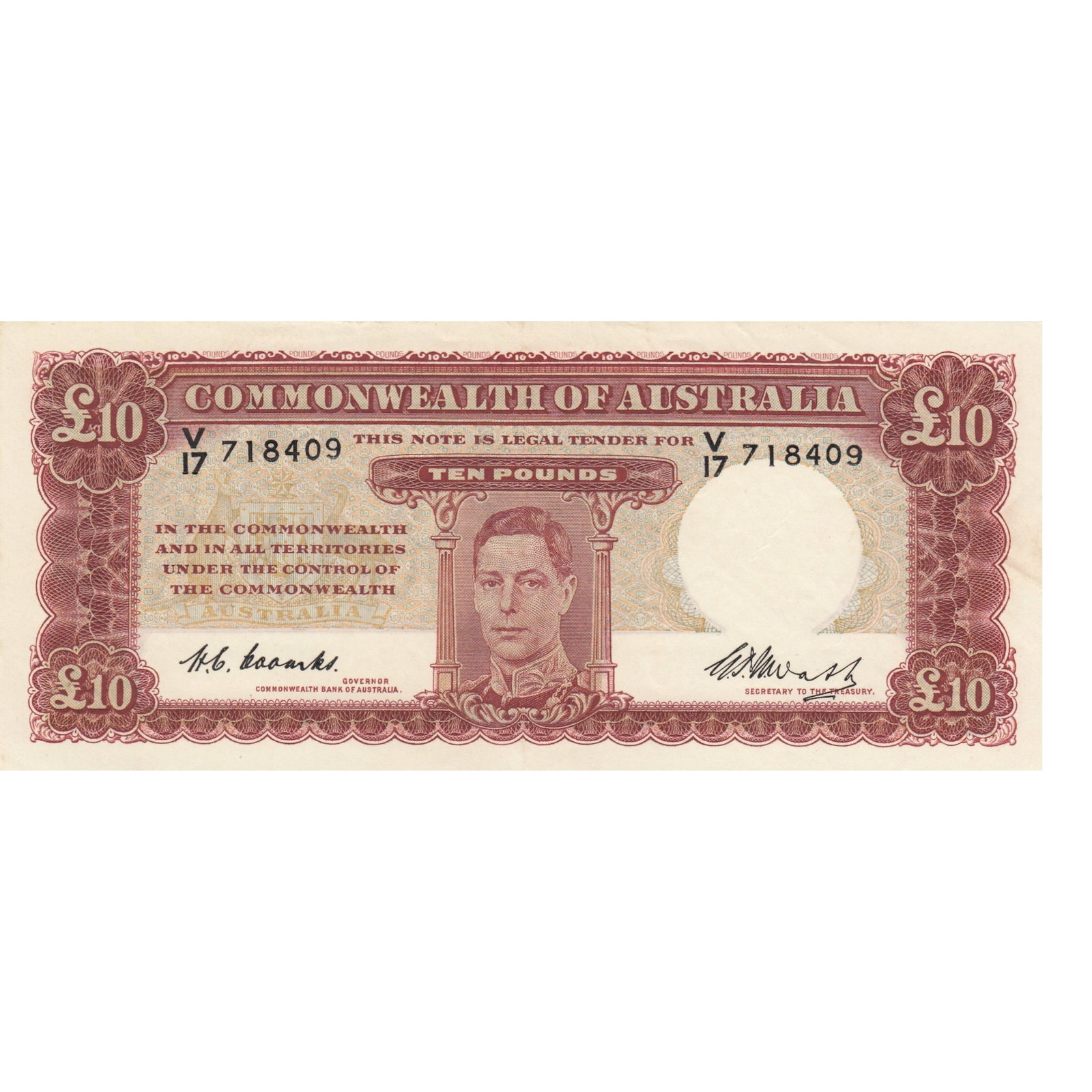 Australia 'Coombs - Watt' £10 (1949), good Extremely Fine OPQ: Renniks# 60 : Serial# V/17 718409. Consecutive to following note Condition O(riginal) P(aper) Q(uality) Medium Coins, Monies & Stamps Exhibited Paper Money, Australia & New Zealand