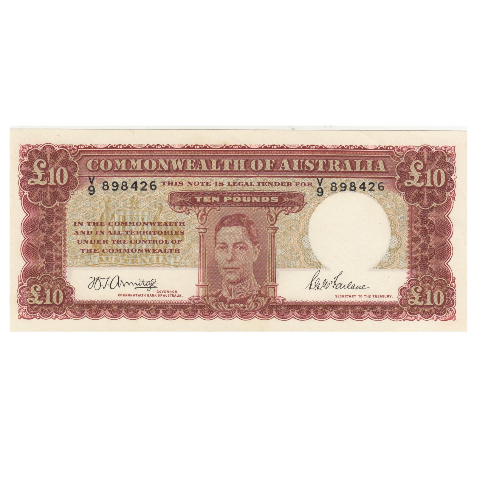 Australia 'Armitage - McFarlane' £10 (1942), Uncirculated OPQ: Renniks# 59 : Serial# V/9 898426. Condition O(riginal) P(aper) Q(uality) Medium Coins, Monies & Stamps Exhibited Paper Money, Australia & New Zealand